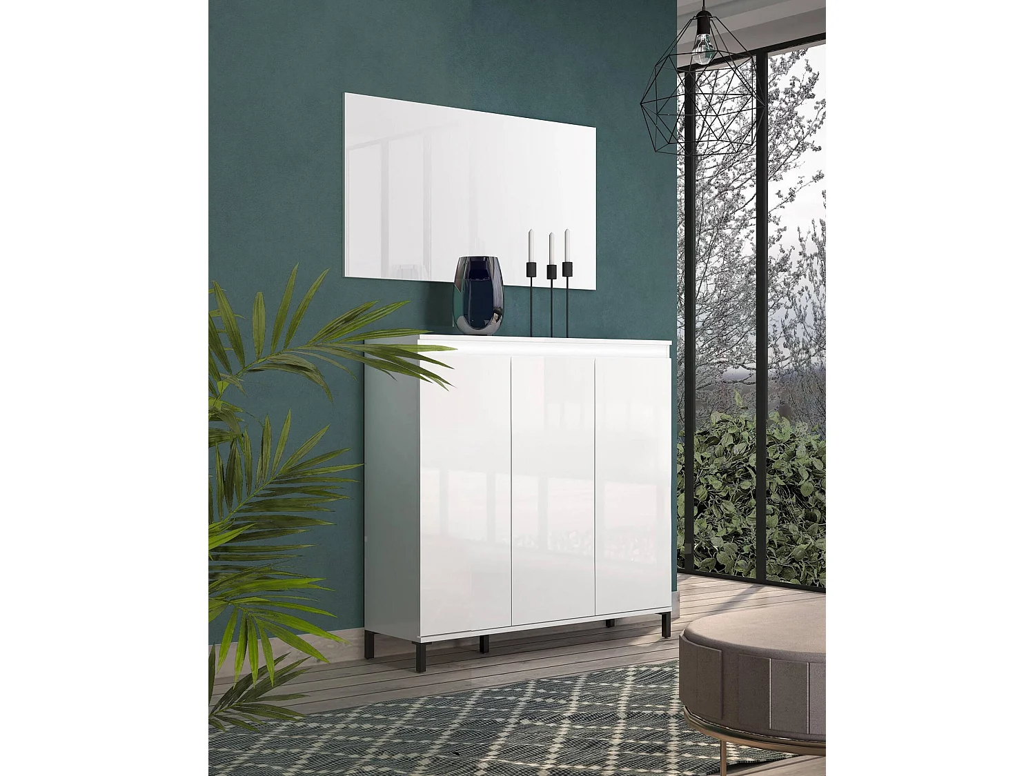 Kommode Dceccherin, Wohnzimmerbuffet, Wohnzimmer-Sideboard, Moderne Küchen-Speisekammer, Made in Italy, 138x40h110 cm, Glänzendes Weiß und Anthrazit