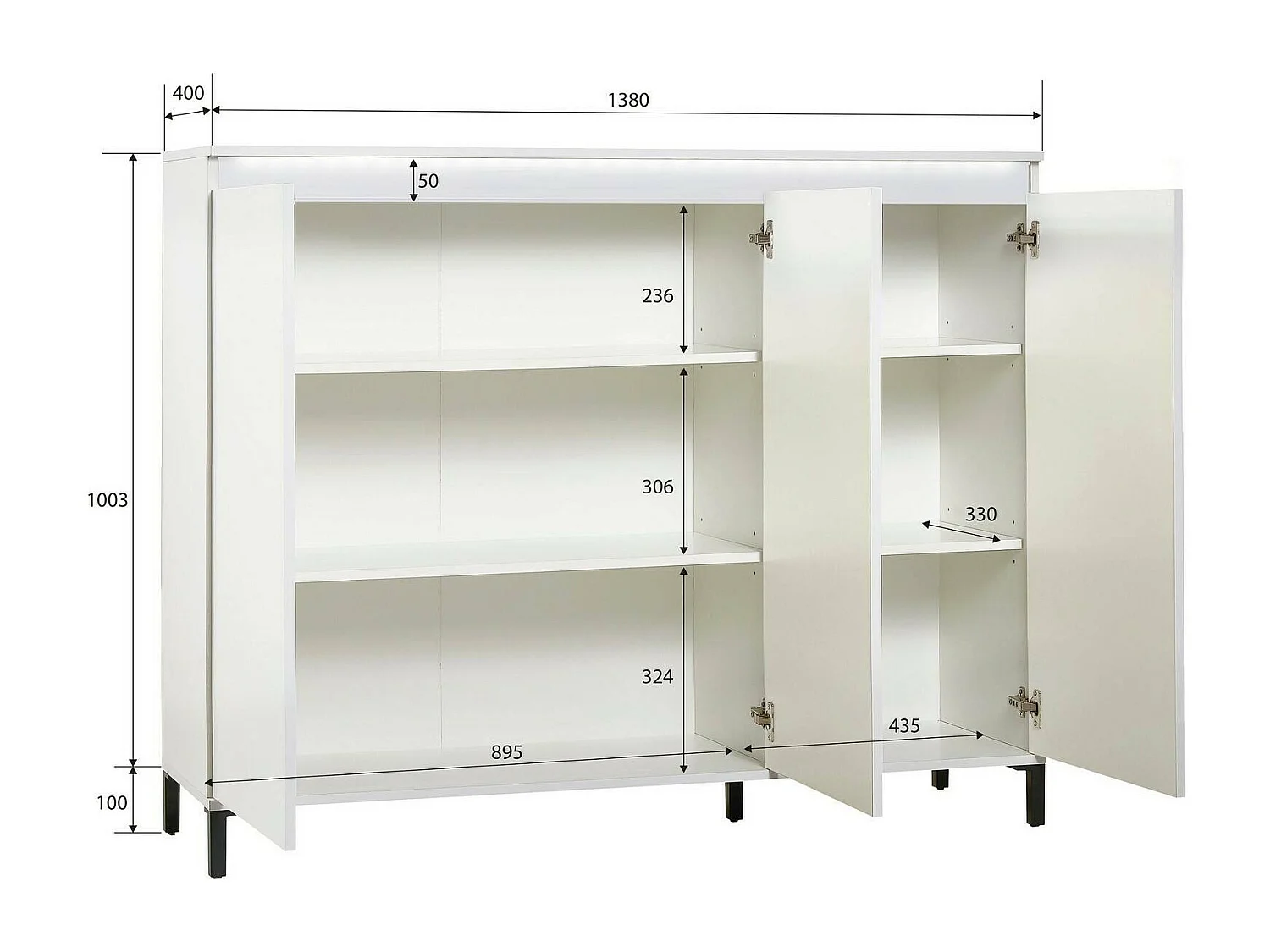 Buffet Mogadiscio, Buffet du salon, Commode de salon, Garde-manger de cuisine, Made in Italy, 138x40h110 cm, Blanc brillant et anthracite