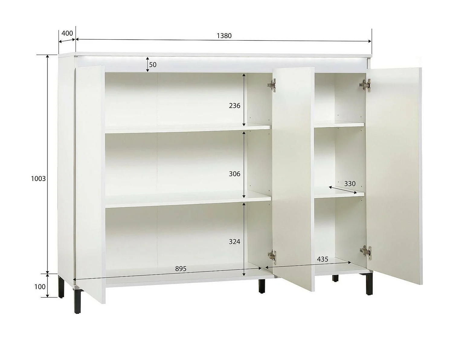 Buffet Mogadiscio, Buffet du salon, Commode de salon, Garde-manger de cuisine, Made in Italy, 138x40h110 cm, Blanc brillant et anthracite
