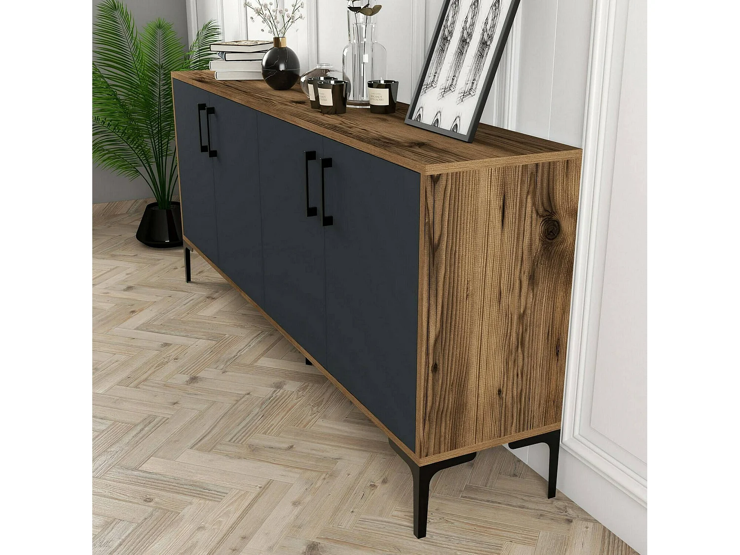 Dpedrol Dressoir, Soggio BuffetRno, Woonkamer, Keukenkast, 180x35h78 cm, Walnoot en Antraciet