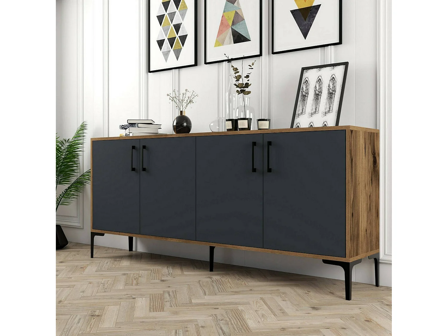 Buffet Orionis, Buffet du salon, Commode de salon, Garde-manger de cuisine, 180x35h78 cm, Noyer et Anthracite