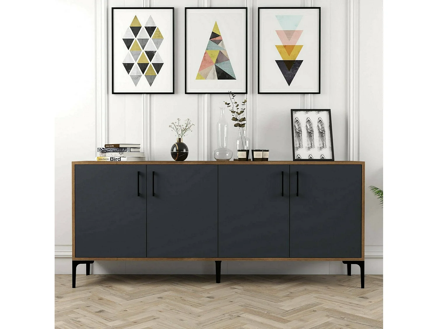 Buffet Orionis, Buffet du salon, Commode de salon, Garde-manger de cuisine, 180x35h78 cm, Noyer et Anthracite