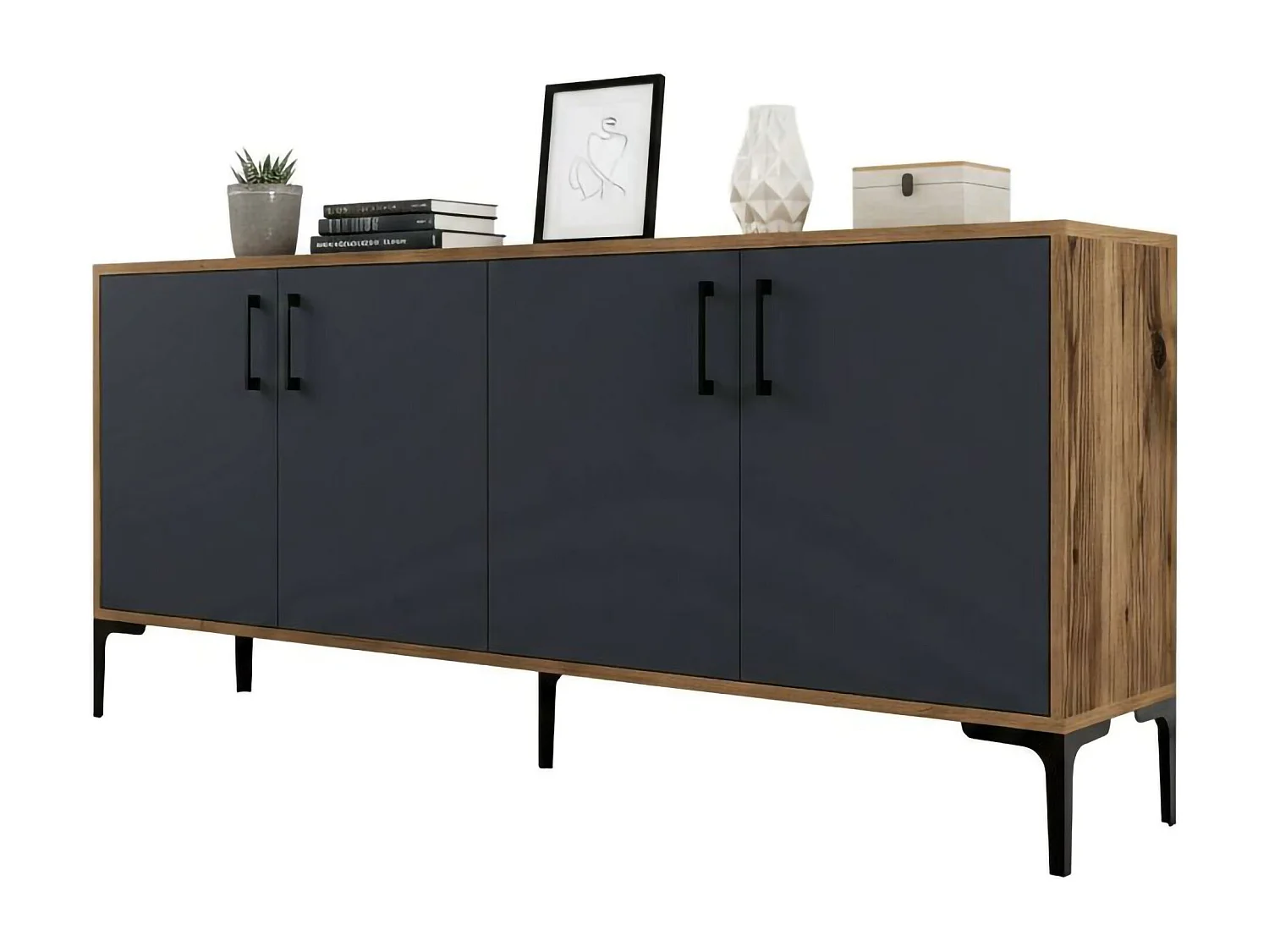 Buffet Orionis, Buffet du salon, Commode de salon, Garde-manger de cuisine, 180x35h78 cm, Noyer et Anthracite