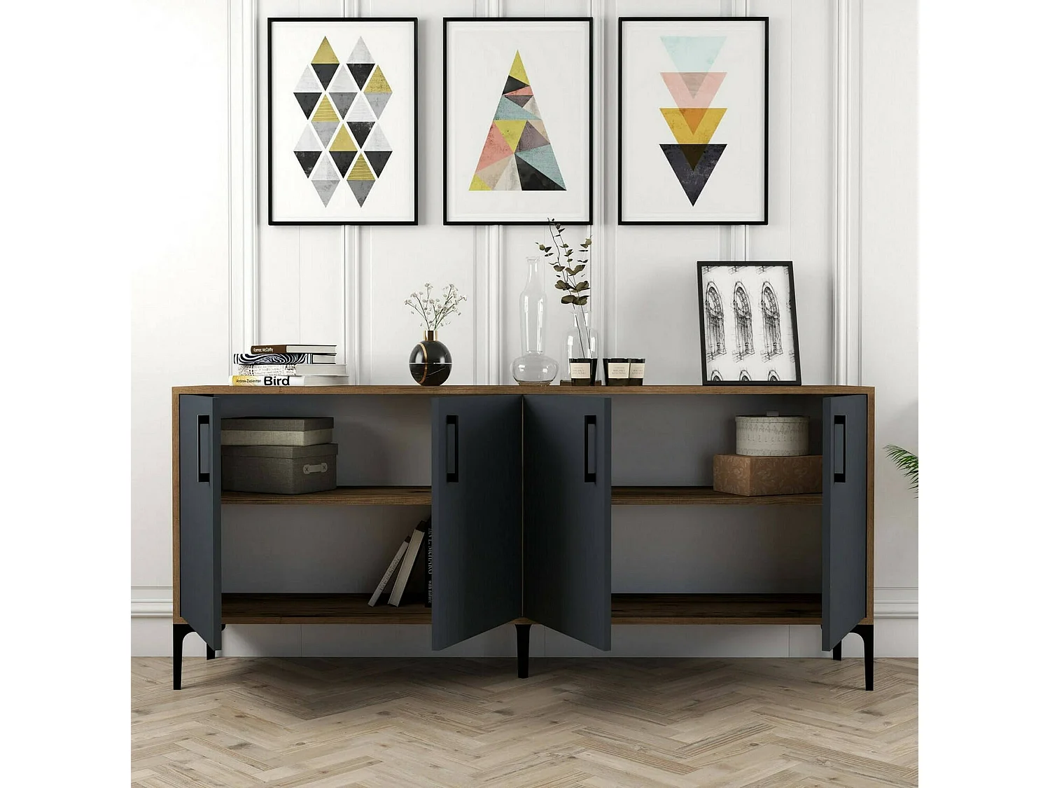 Buffet Orionis, Buffet du salon, Commode de salon, Garde-manger de cuisine, 180x35h78 cm, Noyer et Anthracite