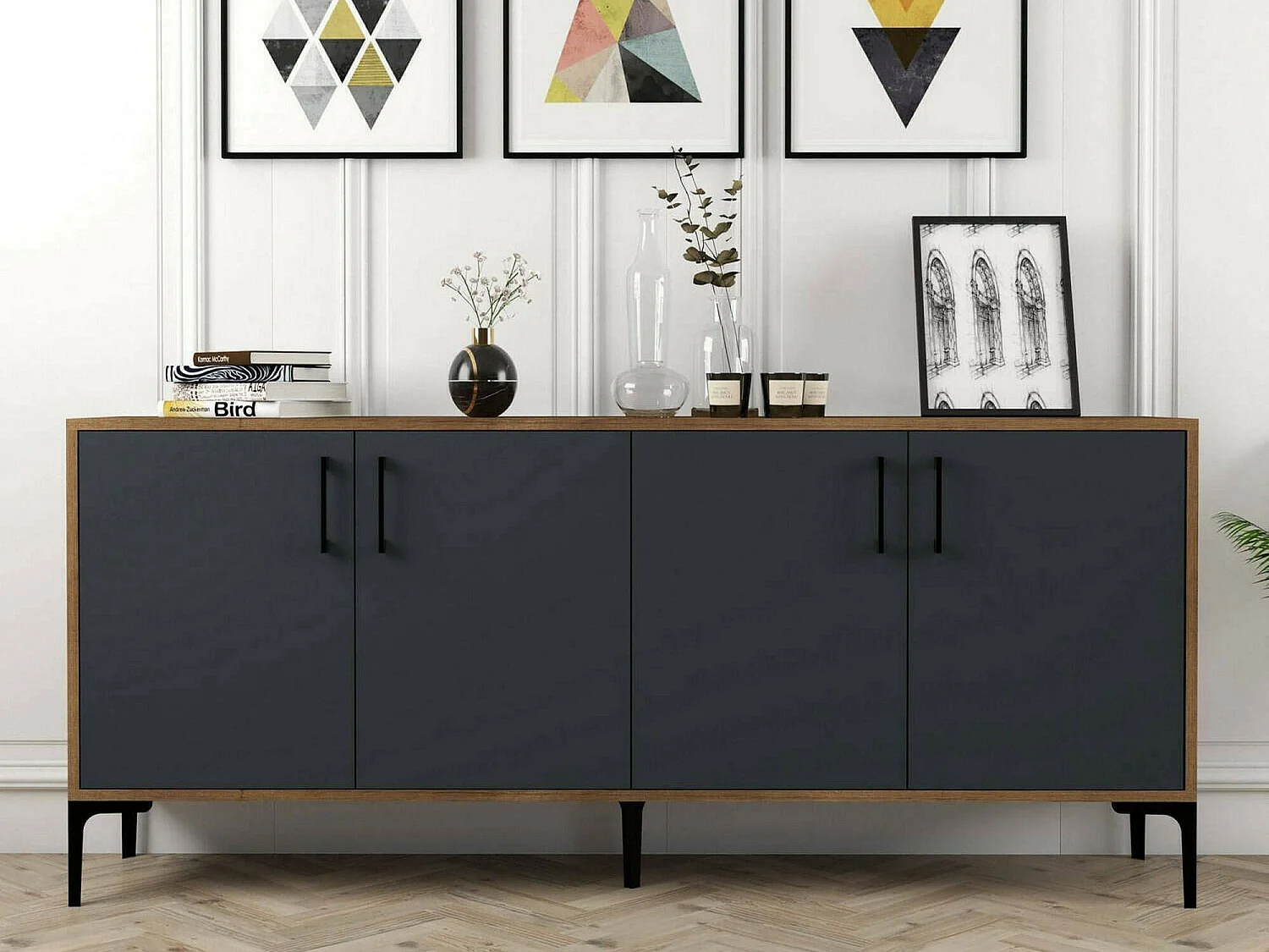 Aparador Dpedrol, Buffet de SoggioRno, Madia de sala de estar, Despensa de cozinha, 180x35h78 cm, Noz e Antracite