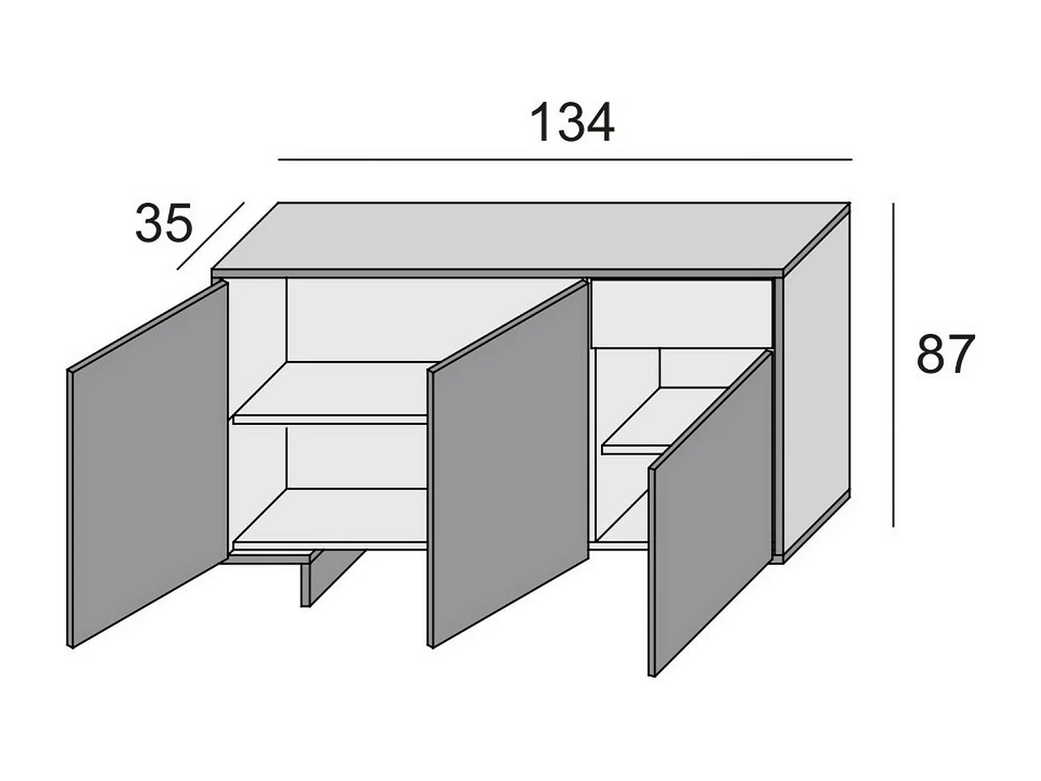 Buffet Aneto, Buffet de salon, Buffet de salon avec 3 portes et 1 tiroir, 100% Made in Italy, 134x35h87 cm, Blanc et Ciment