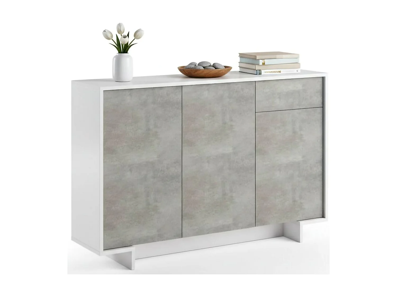 Aparador Dbakayok, Madia de sala de estar, Buffet de sala com 3 portas e 1 gaveta, 100% Made in Italy, 134x35h87 cm, Branco e Cimento