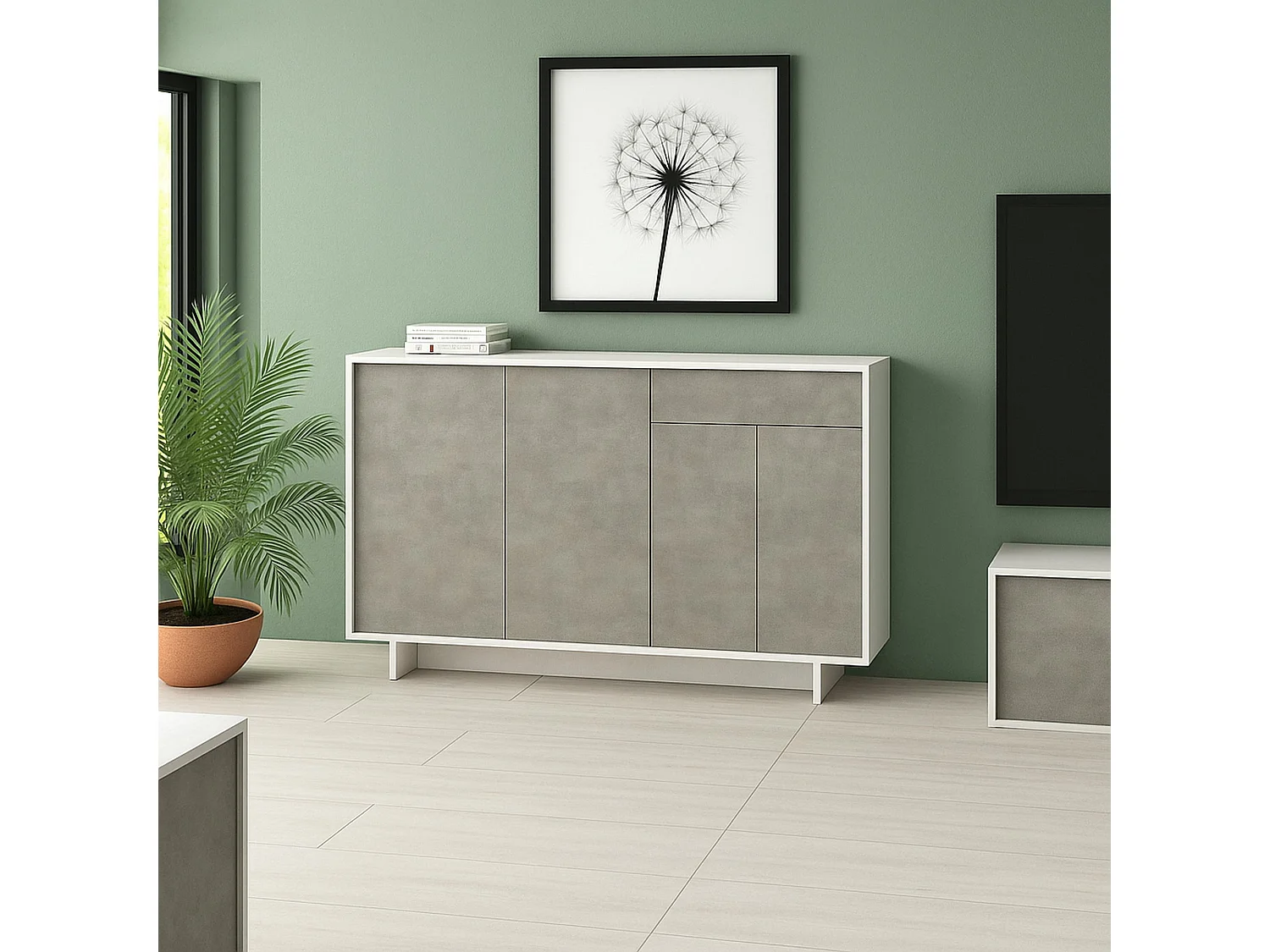 Aparador Dbakayok, Madia de sala de estar, Buffet de sala com 3 portas e 1 gaveta, 100% Made in Italy, 134x35h87 cm, Branco e Cimento