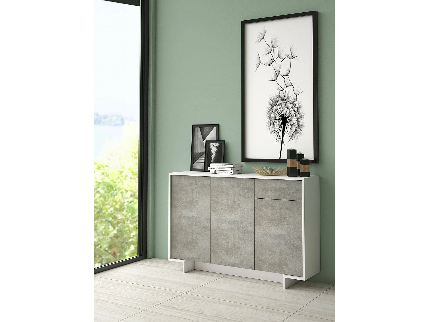 Aparador Dbakayok, Madia de sala de estar, Buffet de sala com 3 portas e 1 gaveta, 100% Made in Italy, 134x35h87 cm, Branco e Cimento