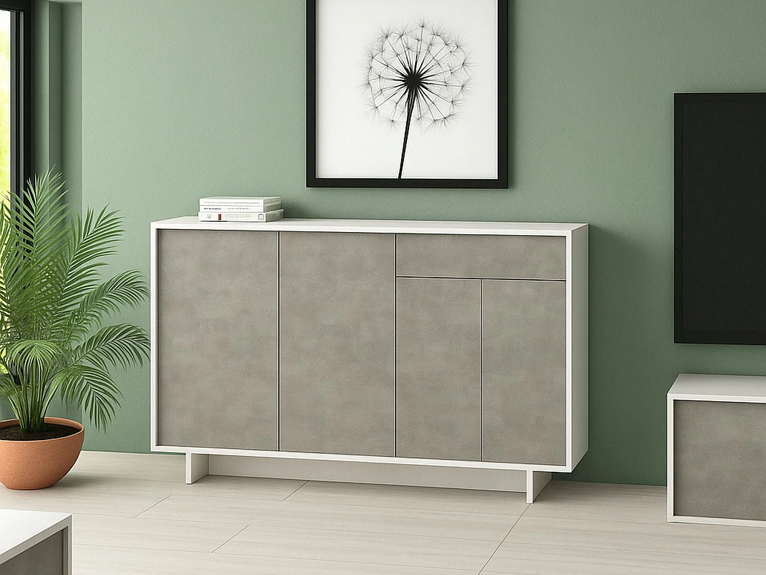 Buffet Aneto, Buffet de salon, Buffet de salon avec 3 portes et 1 tiroir, 100% Made in Italy, 134x35h87 cm, Blanc et Ciment