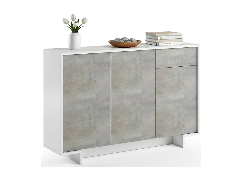 Buffet Aneto, Buffet de salon, Buffet de salon avec 3 portes et 1 tiroir, 100% Made in Italy, 134x35h87 cm, Blanc et Ciment