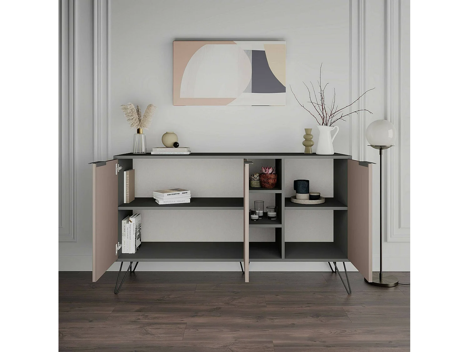 Buffet Perseus, Buffet du salon, Commode de salon, Garde-manger de cuisine, 142x36h83 cm, Anthracite et Beige