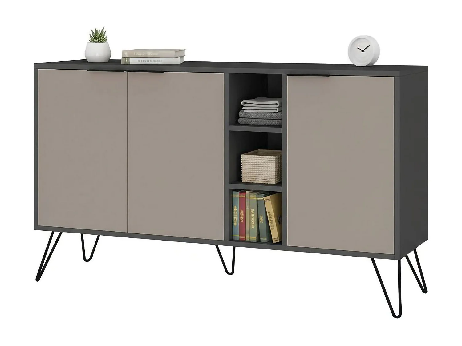 Buffet Perseus, Buffet du salon, Commode de salon, Garde-manger de cuisine, 142x36h83 cm, Anthracite et Beige