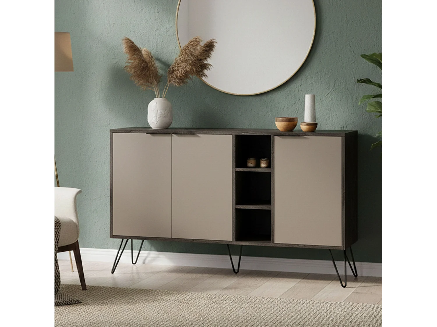 Dpenz Dressoir, Woonkamerbuffet, Woonkamer, Keukenkast, 142x36h83 cm, Antraciet en Beige