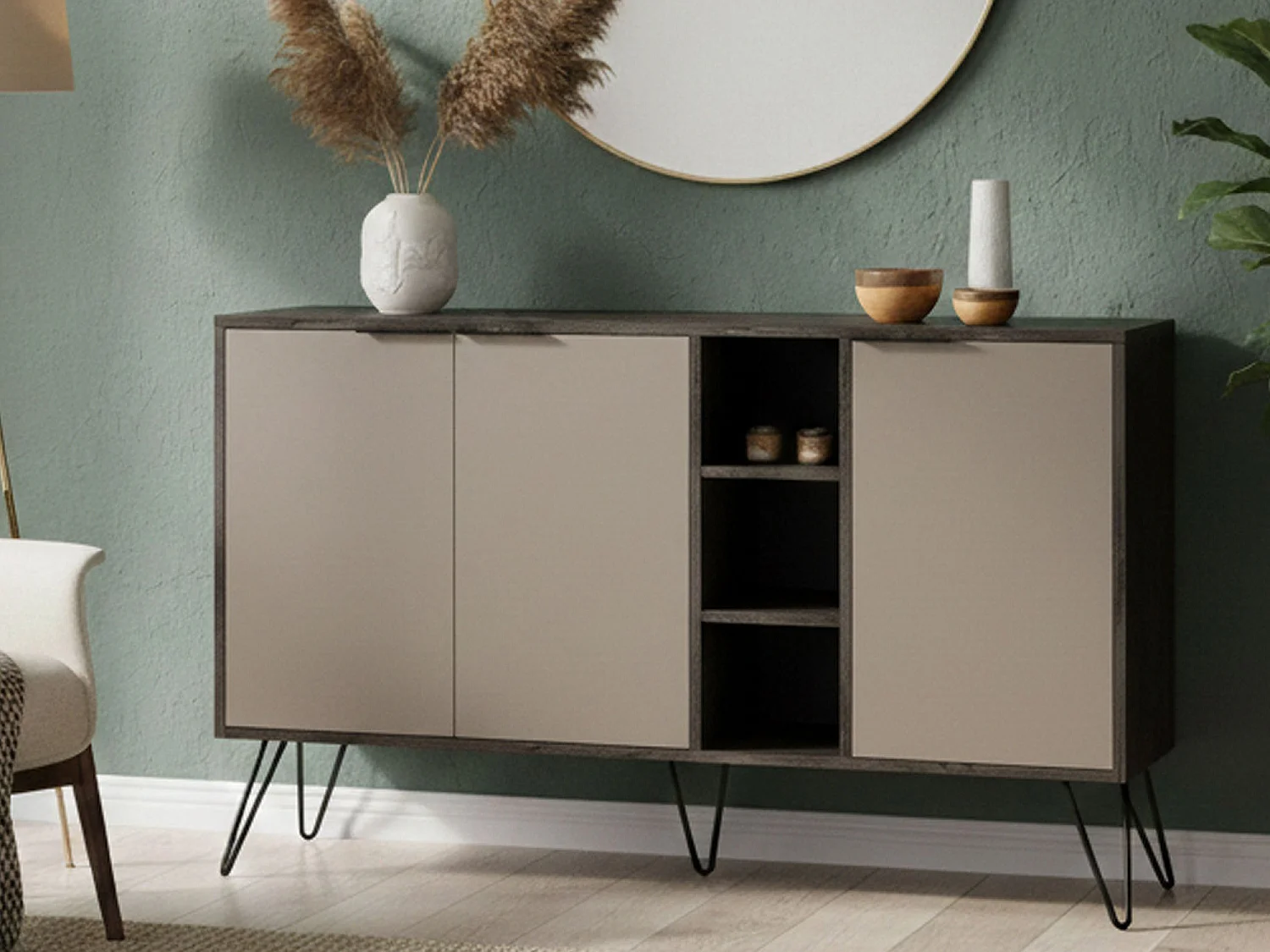 Buffet Perseus, Buffet du salon, Commode de salon, Garde-manger de cuisine, 142x36h83 cm, Anthracite et Beige