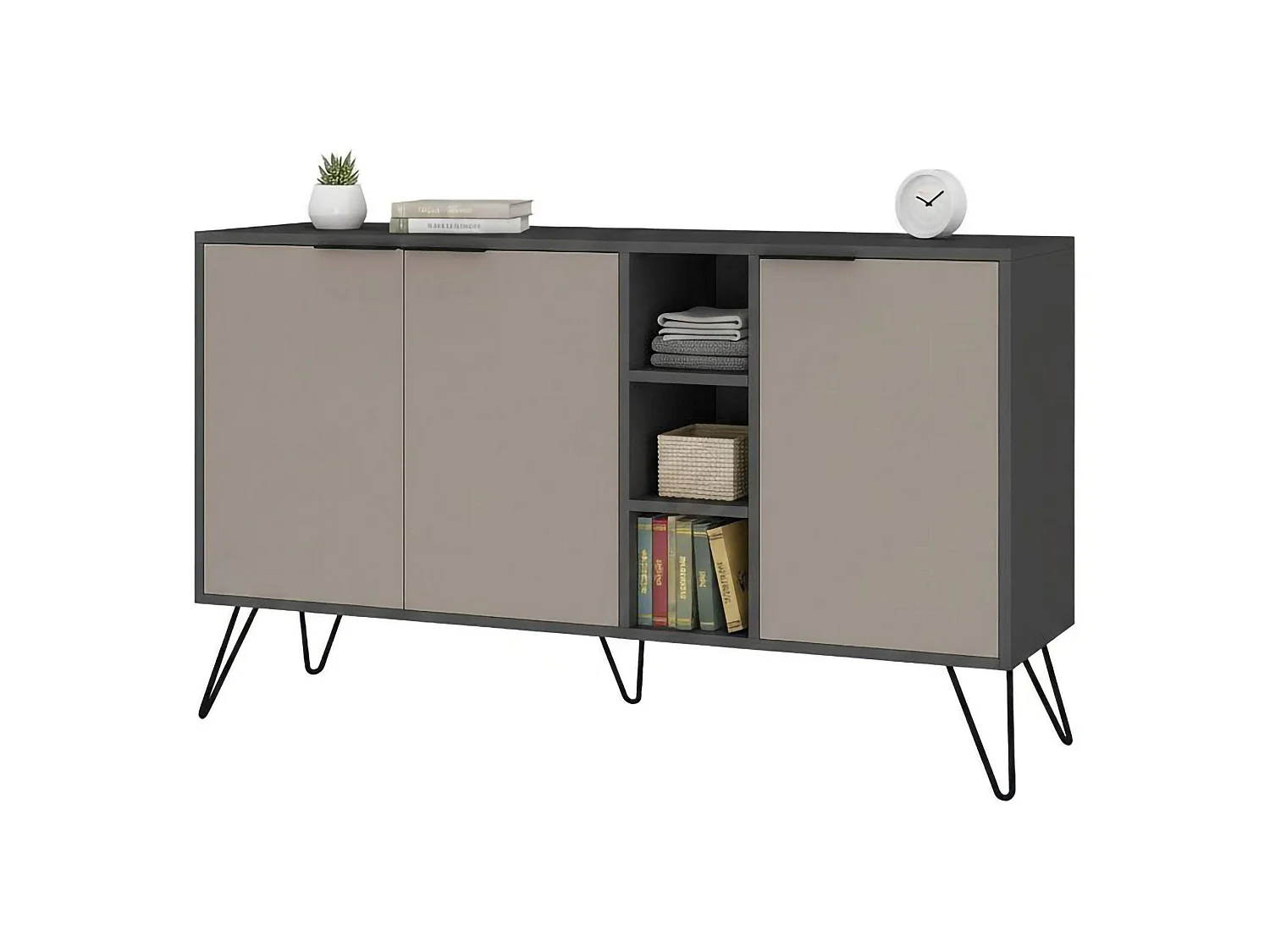 Aparador Dpenz, Buffet de sala, Madia de sala de estar, Despensa de cozinha, 142x36h83 cm, Antracite e Bege