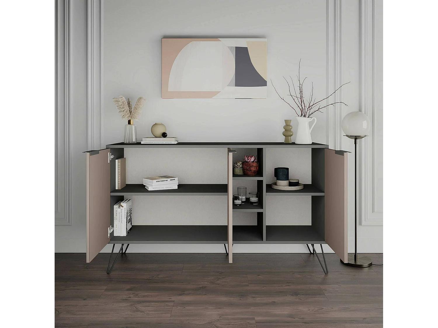 Aparador Dpenz, Buffet de sala, Madia de sala de estar, Despensa de cozinha, 142x36h83 cm, Antracite e Bege