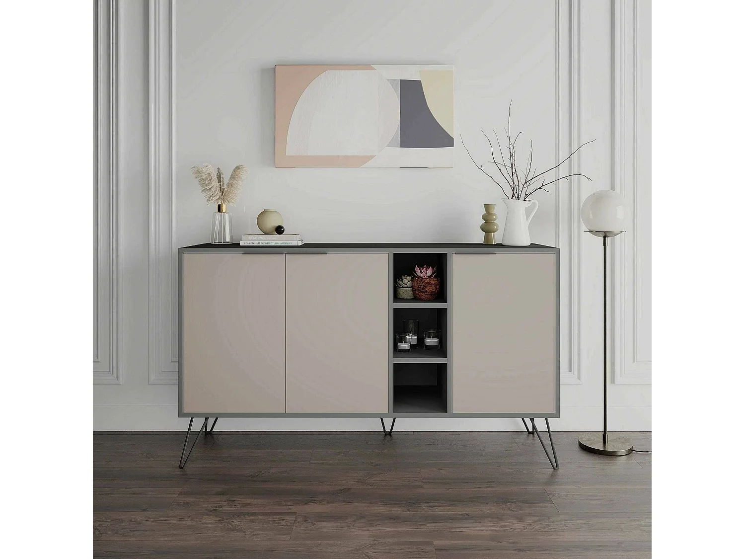 Aparador Dpenz, Buffet de sala, Madia de sala de estar, Despensa de cozinha, 142x36h83 cm, Antracite e Bege
