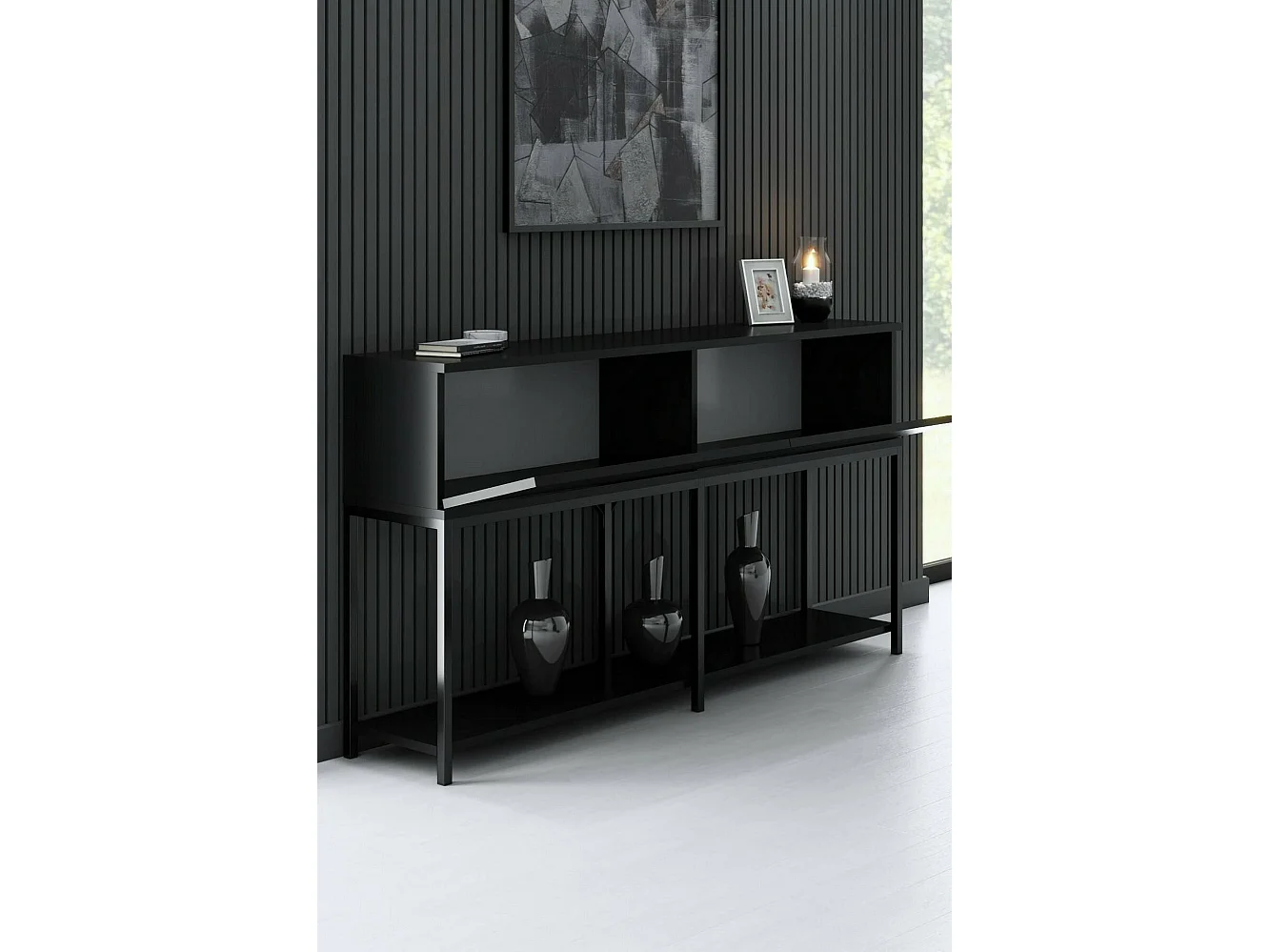 Buffet Altair, Buffet du salon, Commode de salon, Garde-manger de cuisine, 150x30h80 cm, Noir