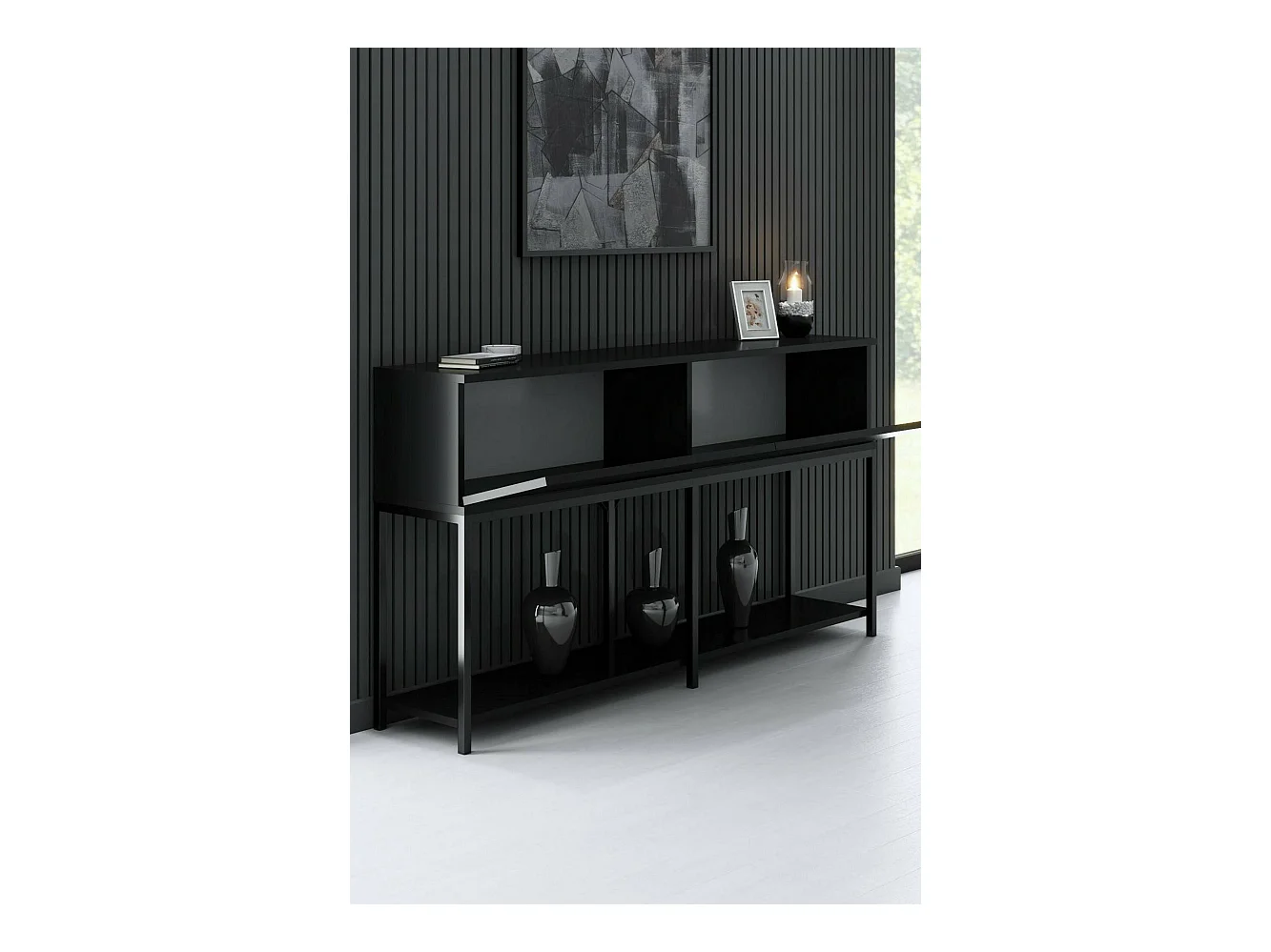 Kommode Djimsit, Wohnzimmerbuffet, Wohnzimmer-Sideboard, Moderne Küchen-Speisekammer, 150x30h80 cm, Schwarz