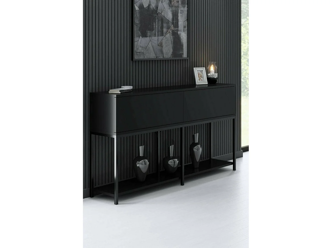 Buffet Altair, Buffet du salon, Commode de salon, Garde-manger de cuisine, 150x30h80 cm, Noir