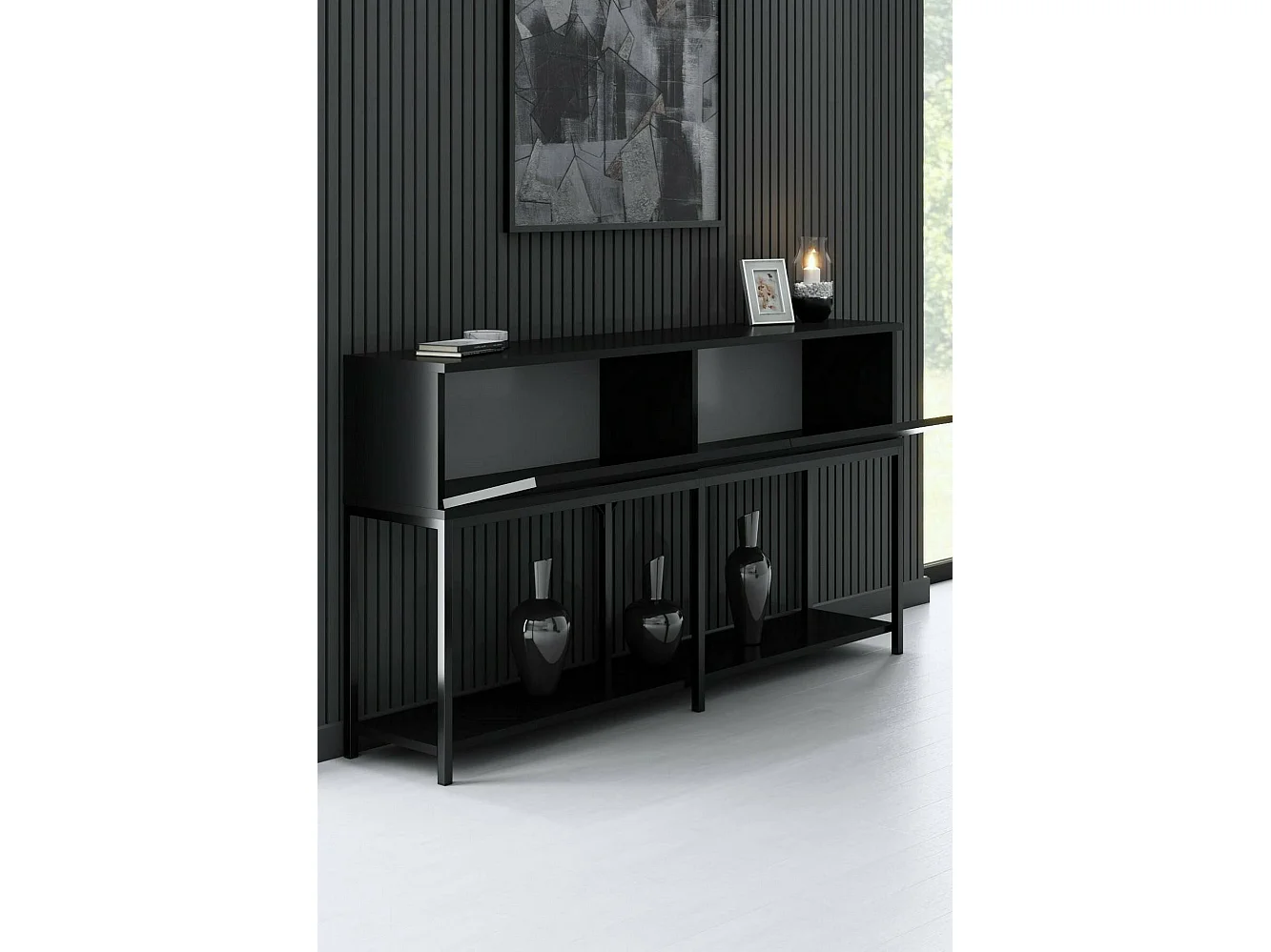Buffet Altair, Buffet du salon, Commode de salon, Garde-manger de cuisine, 150x30h80 cm, Noir