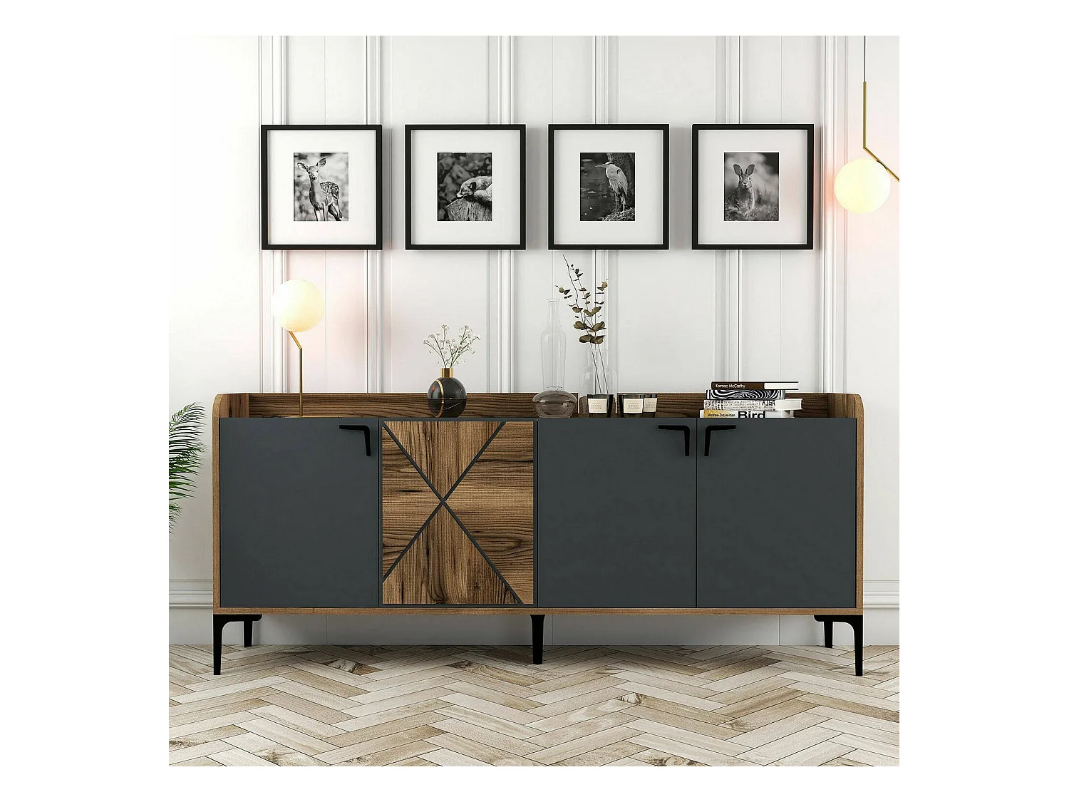 Buffet Deneb, Buffet du salon, Commode de salon, Garde-manger de cuisine, 180x35h78 cm, Noyer et Anthracite