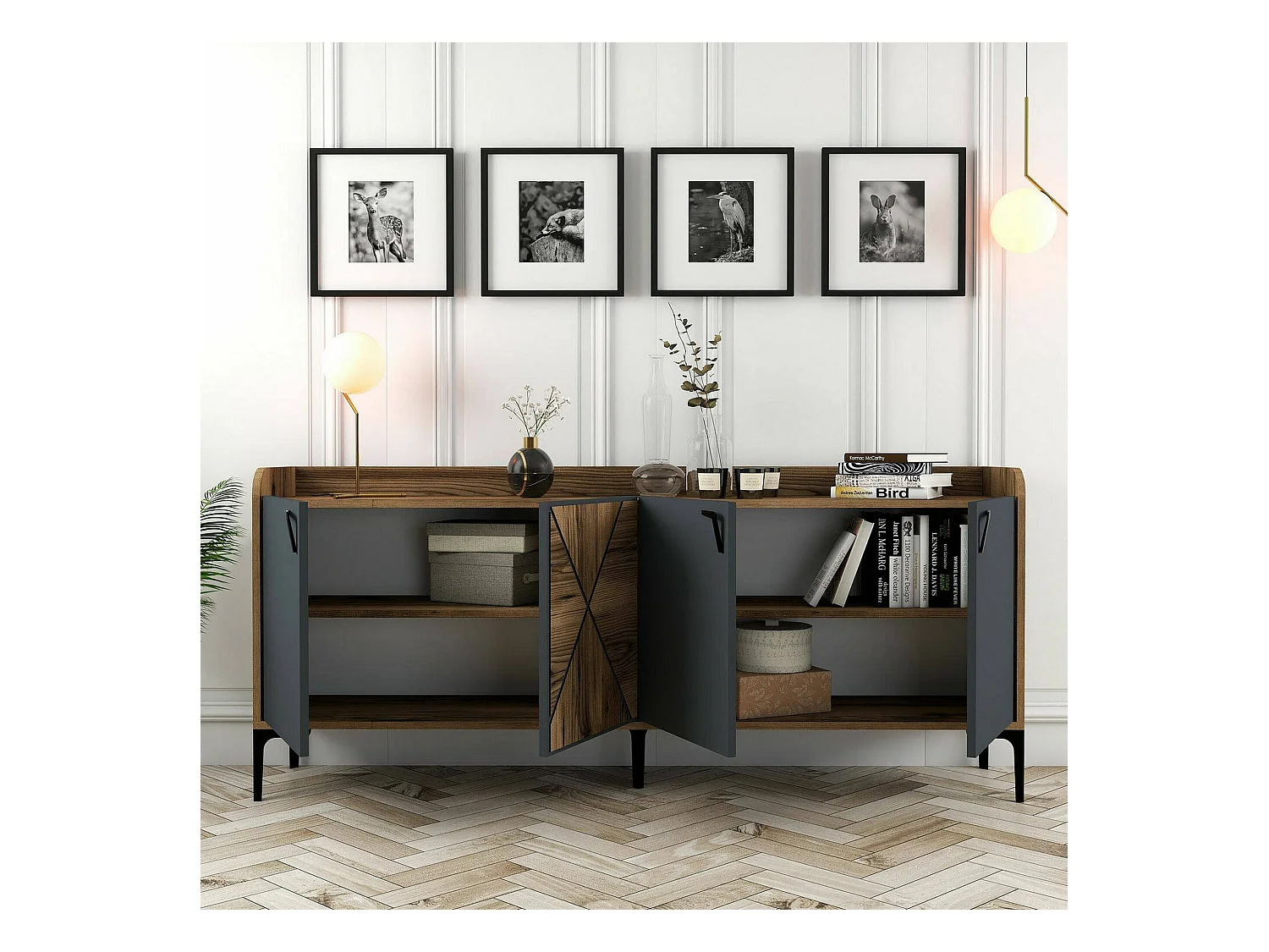 Buffet Deneb, Buffet du salon, Commode de salon, Garde-manger de cuisine, 180x35h78 cm, Noyer et Anthracite