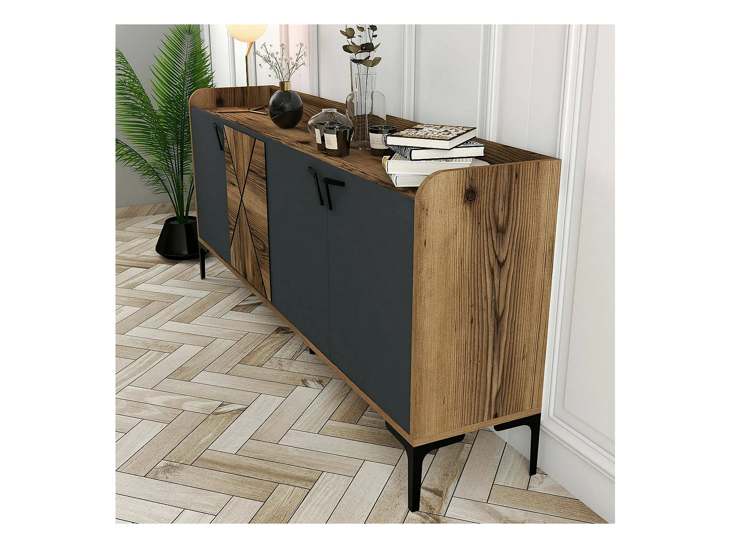 Buffet Deneb, Buffet du salon, Commode de salon, Garde-manger de cuisine, 180x35h78 cm, Noyer et Anthracite