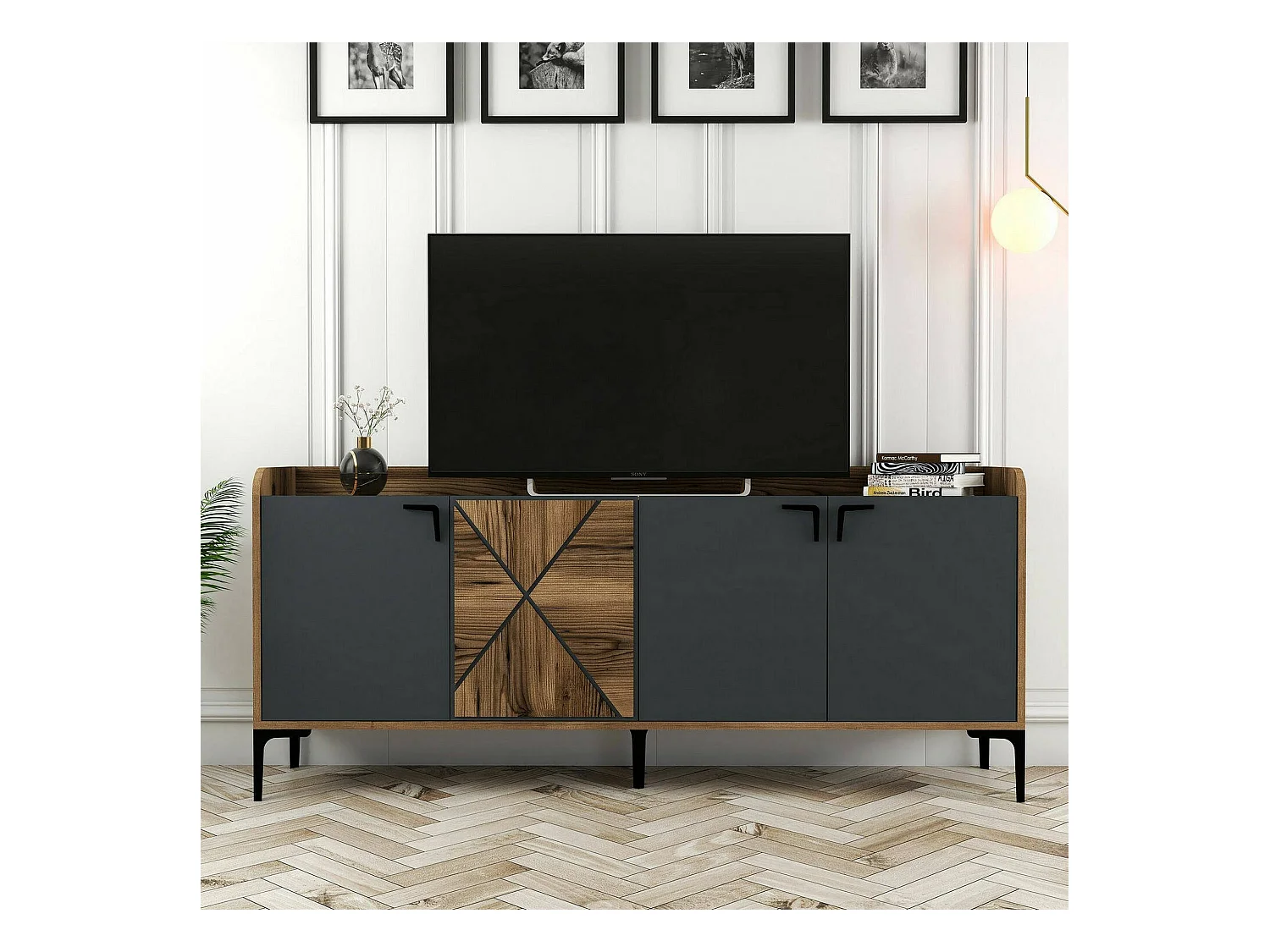 Buffet Deneb, Buffet du salon, Commode de salon, Garde-manger de cuisine, 180x35h78 cm, Noyer et Anthracite