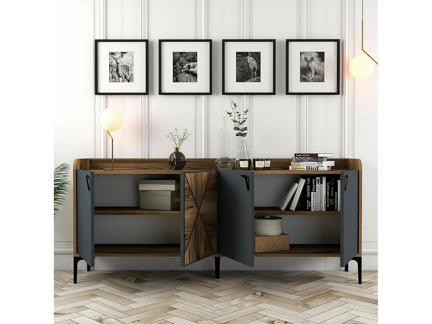 Dilici Dressoir, Woonkamer Buffet, Woonkamer, Keuken Pantry, 180x35h78 cm, Walnoot en Antraciet