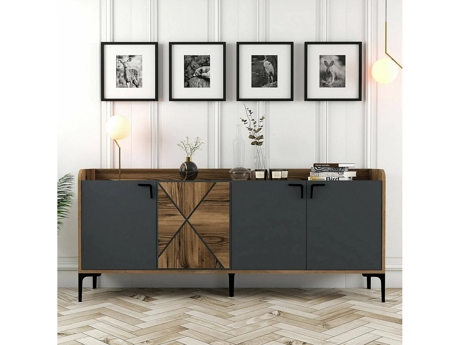 Buffet Deneb, Buffet du salon, Commode de salon, Garde-manger de cuisine, 180x35h78 cm, Noyer et Anthracite