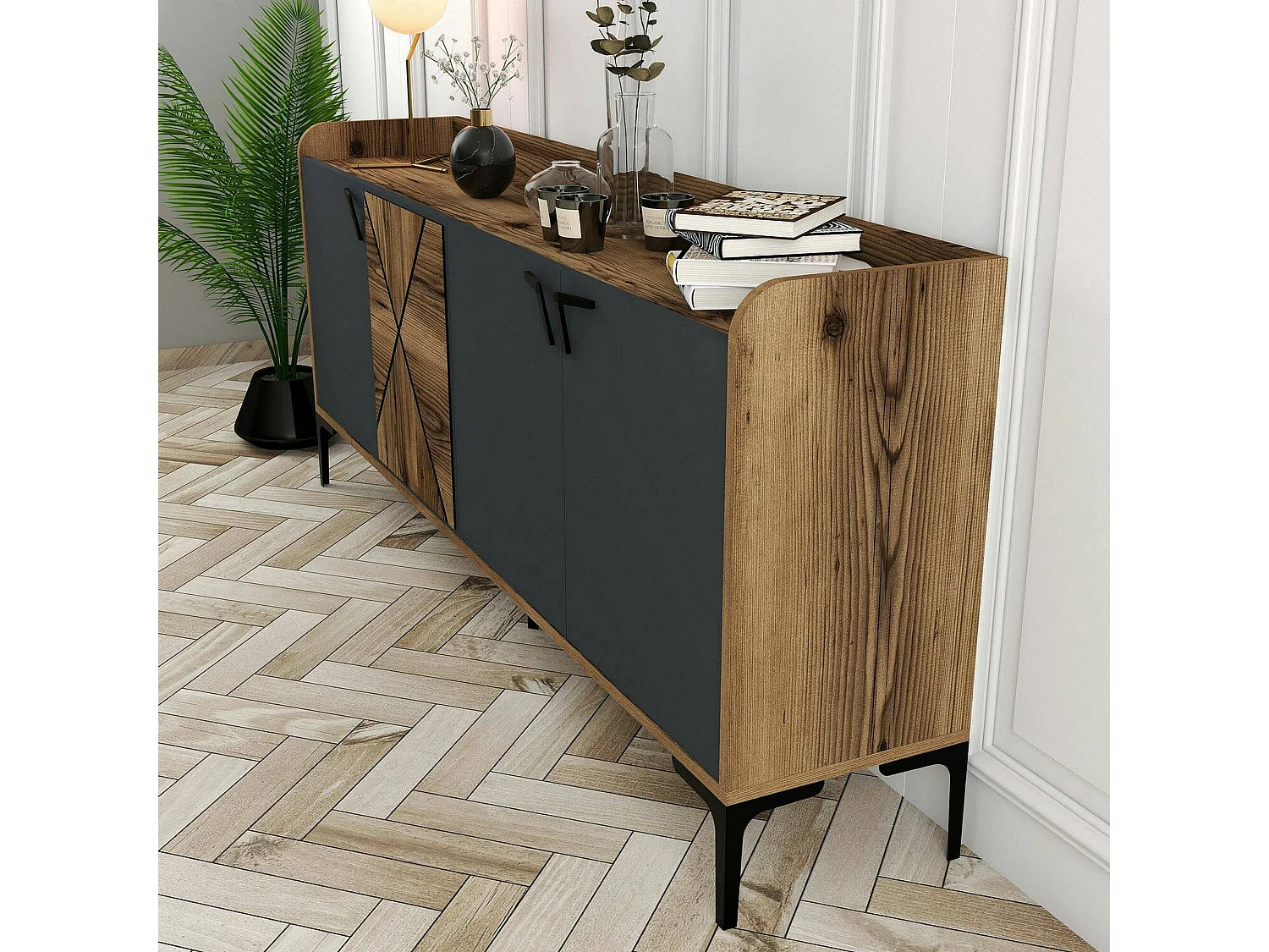 Kommode Dilici, Wohnzimmerbuffet, Wohnzimmer-Sideboard, Moderne Küchen-Speisekammer, 180x35h78 cm, Walnuss und Anthrazit