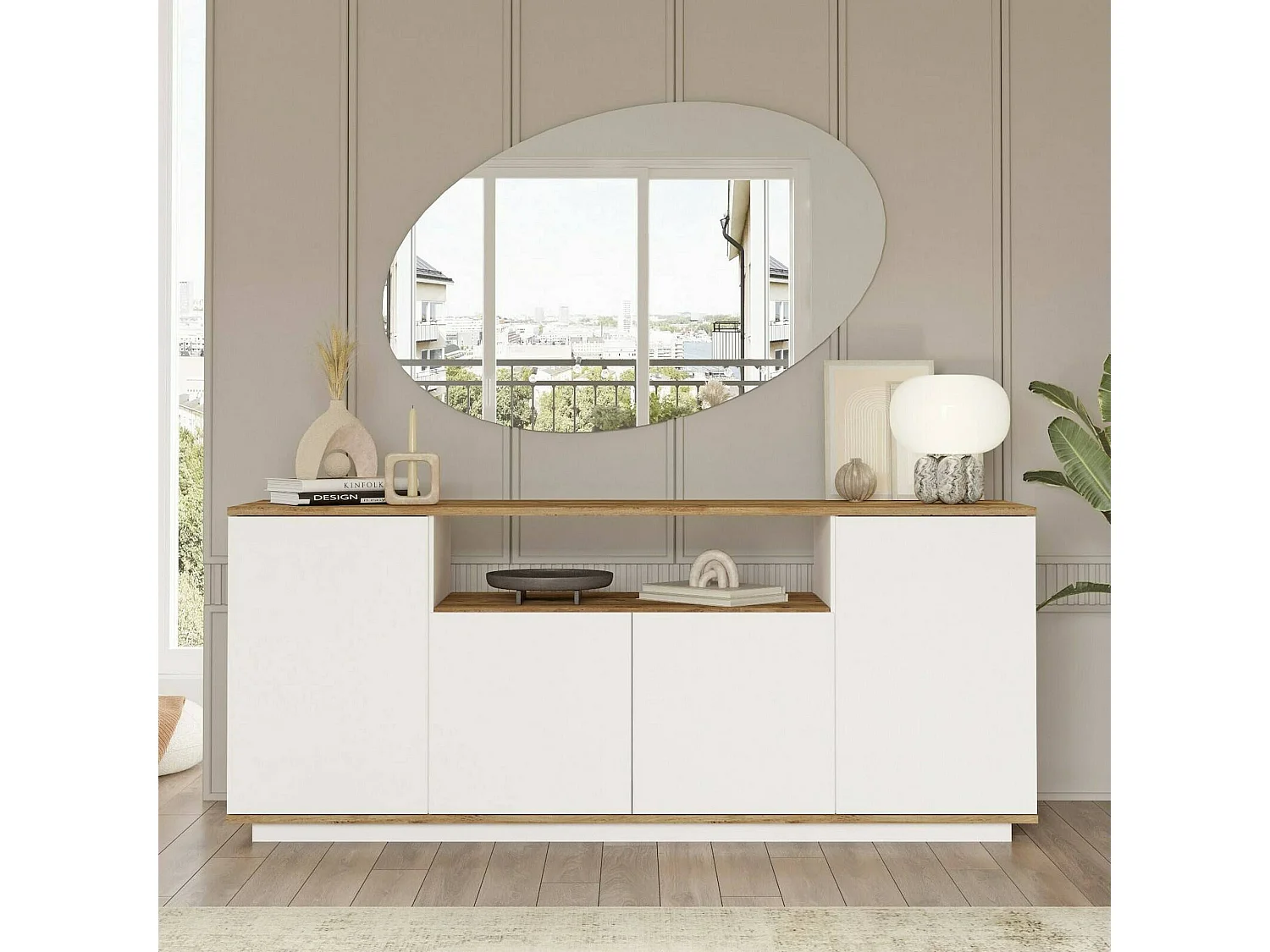Buffet Nekkar, Buffet du salon, Commode de salon, Garde-manger de cuisine, 180x45h75 cm, Chêne et Blanc