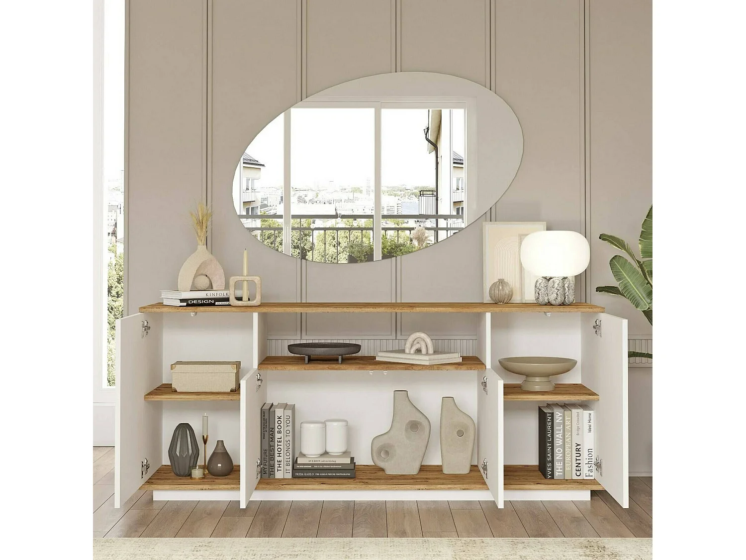 Buffet Nekkar, Buffet du salon, Commode de salon, Garde-manger de cuisine, 180x45h75 cm, Chêne et Blanc