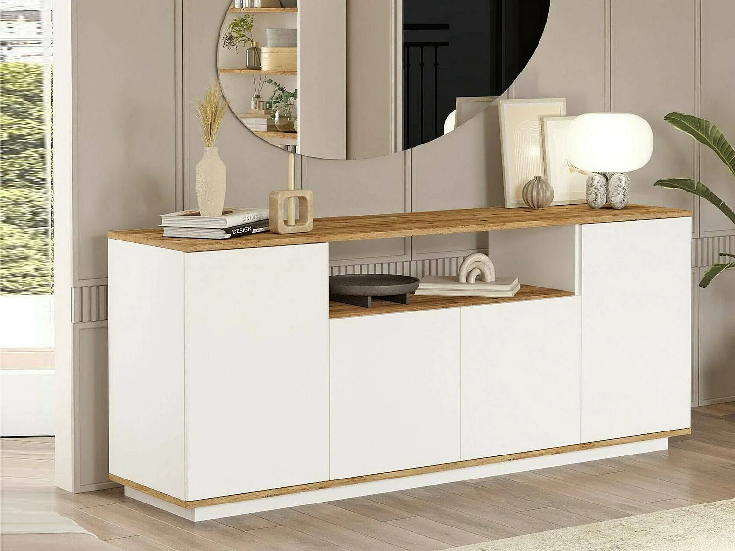Buffet Nekkar, Buffet du salon, Commode de salon, Garde-manger de cuisine, 180x45h75 cm, Chêne et Blanc