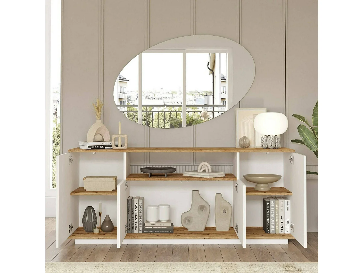 CredenzA Dpas, Buffet de sala de estar, Madia de sala de estar, Despensa de cozinha, 180x45h75 cm, Carvalho e Branco