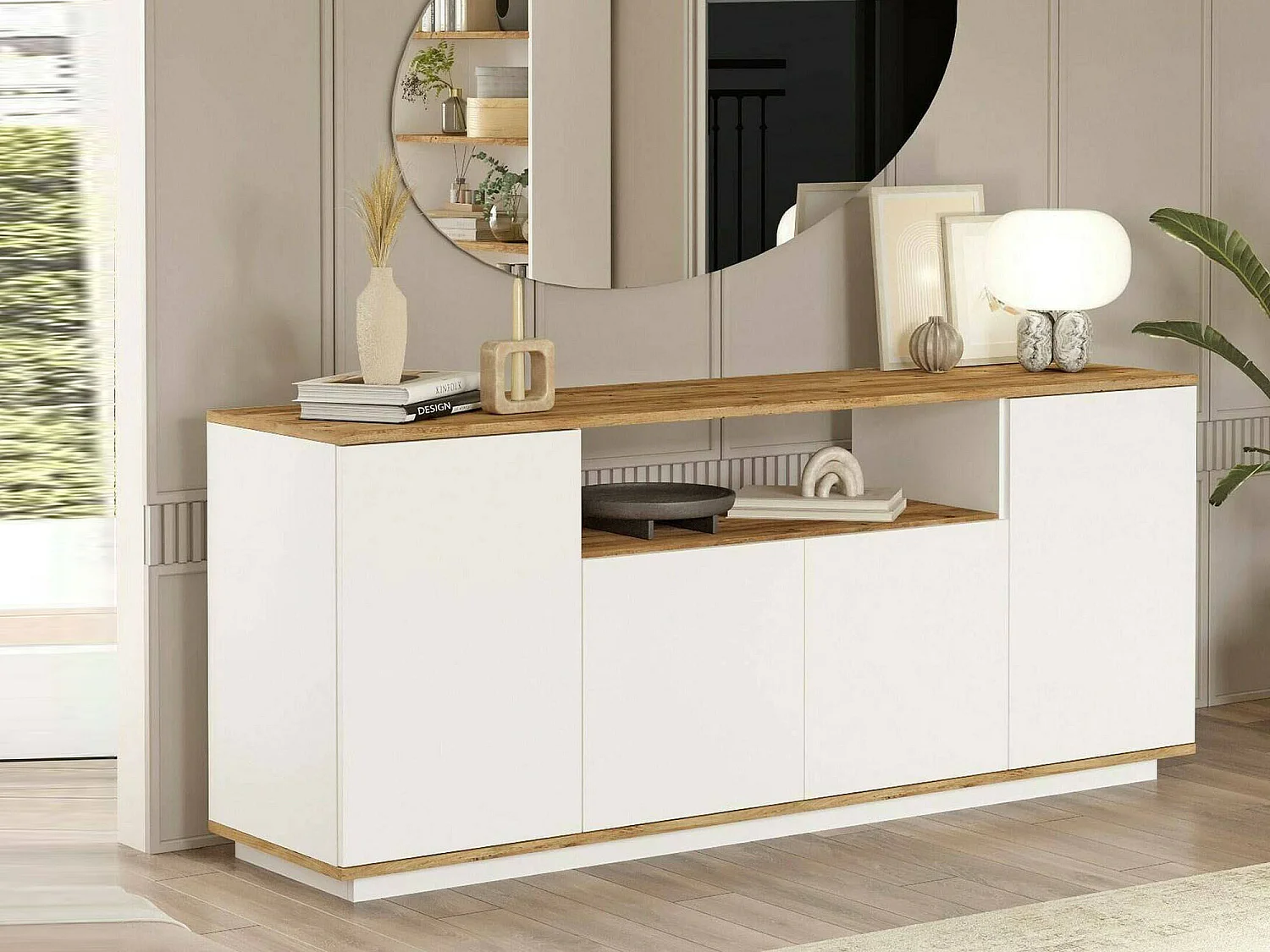 Aparador Dpas, Bufé de salón, Aparador de salón, Despensa de cocina, 180x45h75 cm, Roble y Blanco
