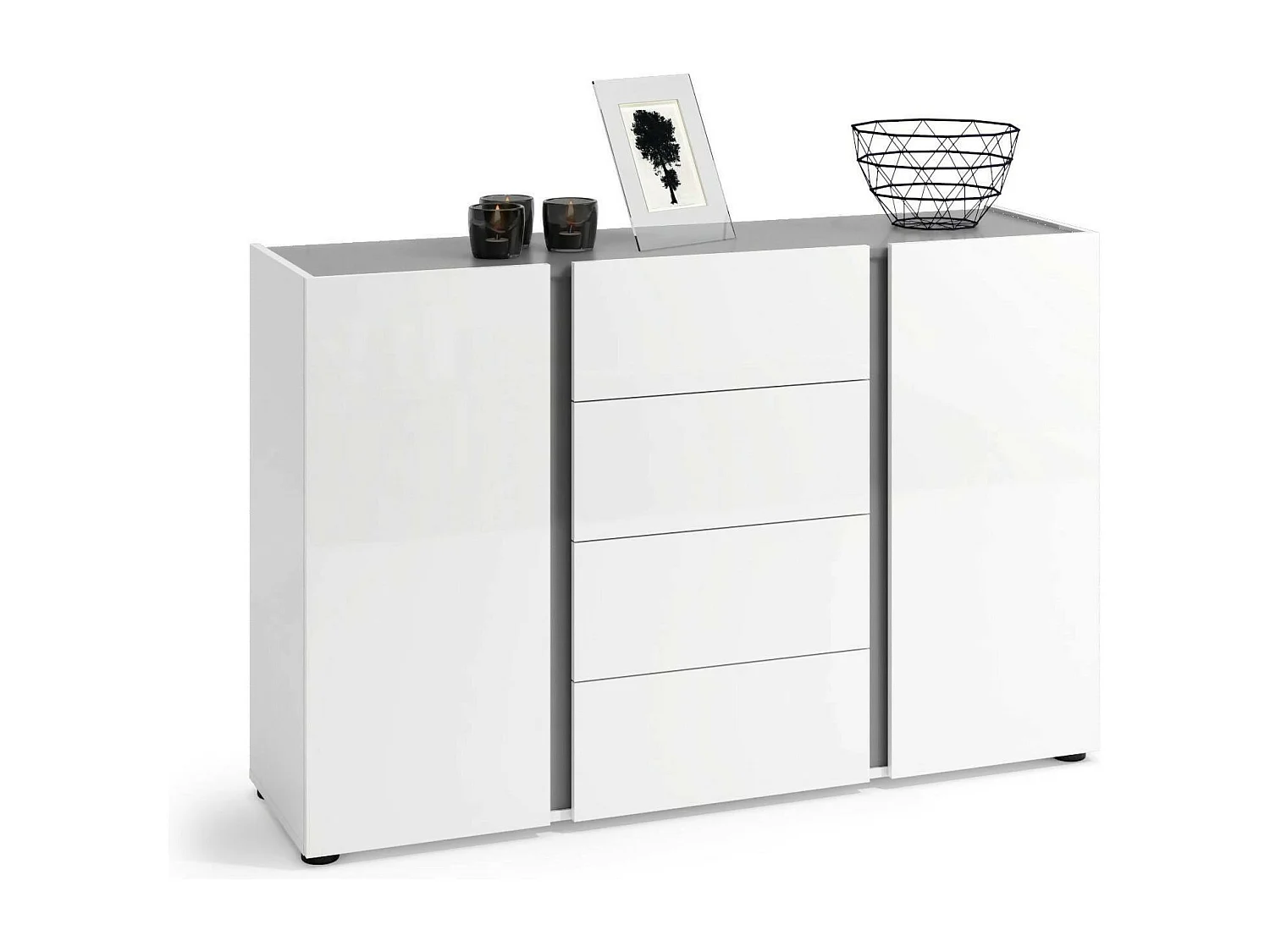 Kommode Dbjarkaso, Wohnzimmerbuffet, Wohnzimmer-Sideboard, Moderne Küchen-Speisekammer, Made in Italy, 140x38h92 cm, Glänzendes Weiß und Anthrazit