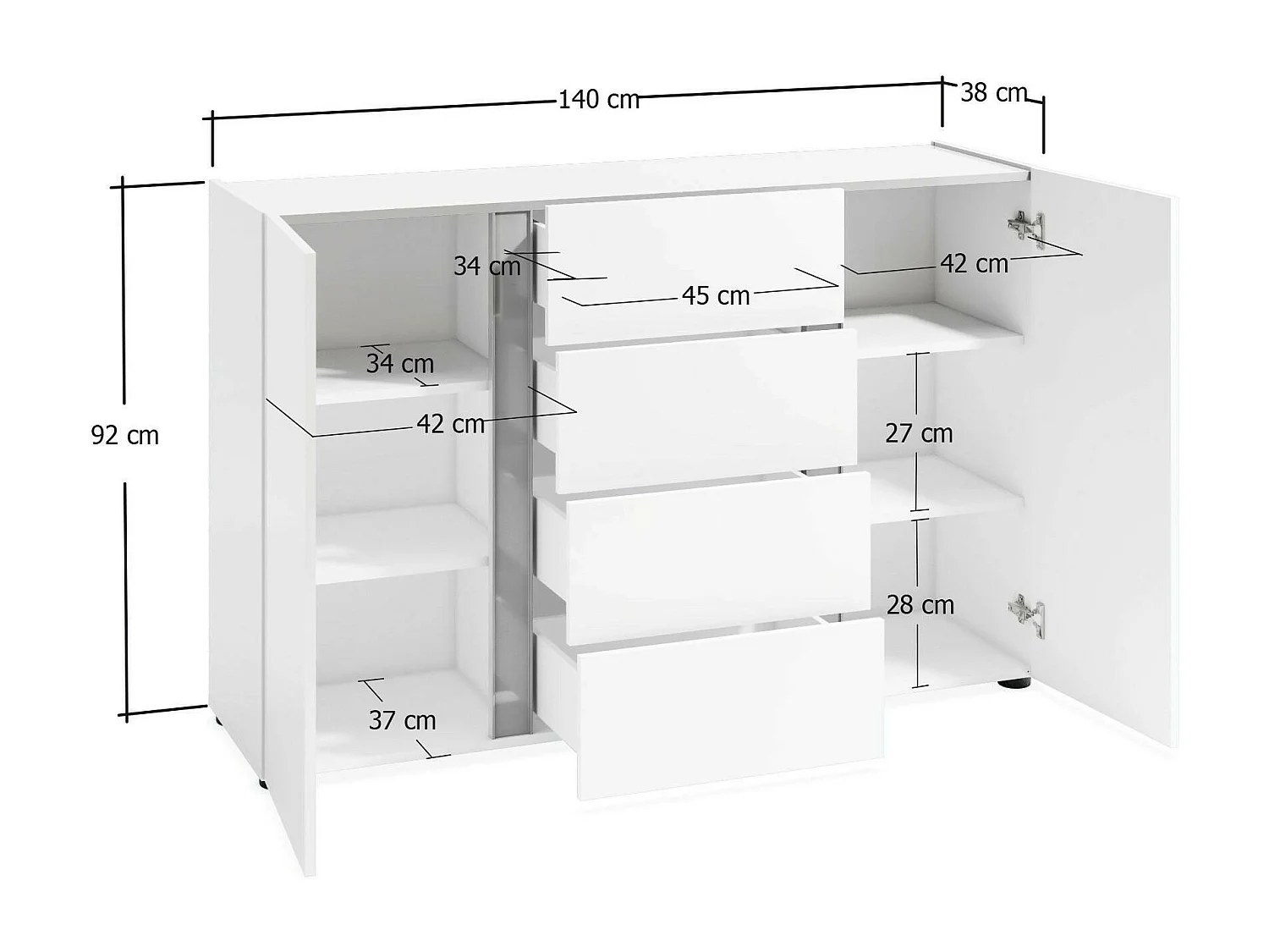 Aparador Dbjarkaso, Buffet de sala de estar, Madia de sala de estar, Despensa de cozinha, Made in Italy, 140x38h92 cm, Branco brilhante e Antracite