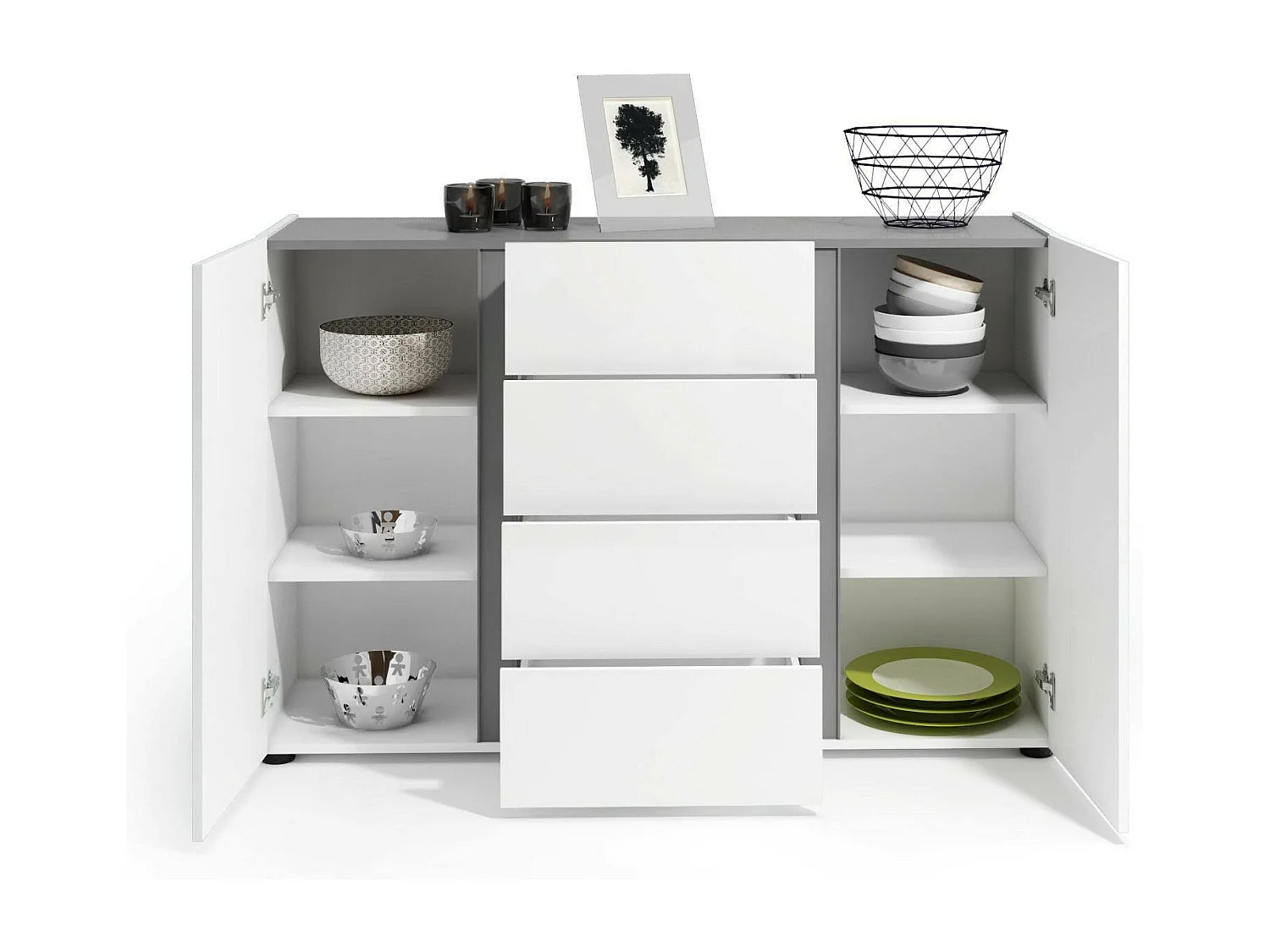 Buffet Libreville, Buffet du salon, Commode de salon, Garde-manger de cuisine, Made in Italy, 140x38h92 cm, Blanc brillant et anthracite