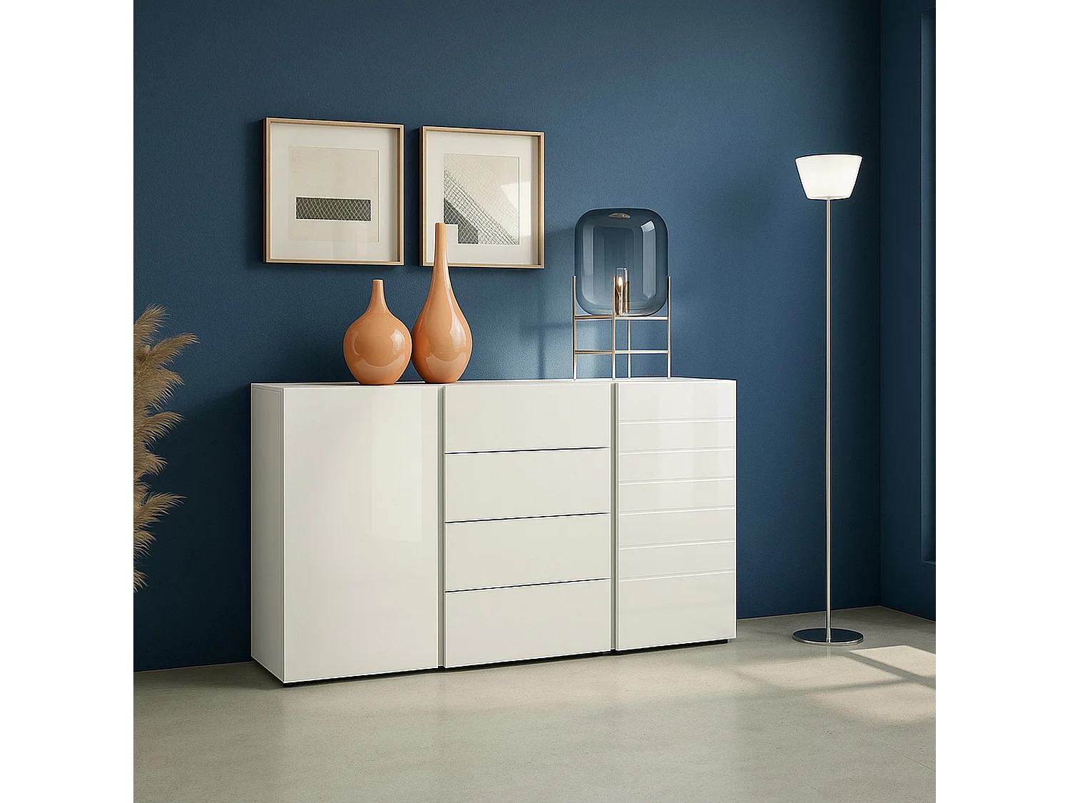 Buffet Libreville, Buffet du salon, Commode de salon, Garde-manger de cuisine, Made in Italy, 140x38h92 cm, Blanc brillant et anthracite