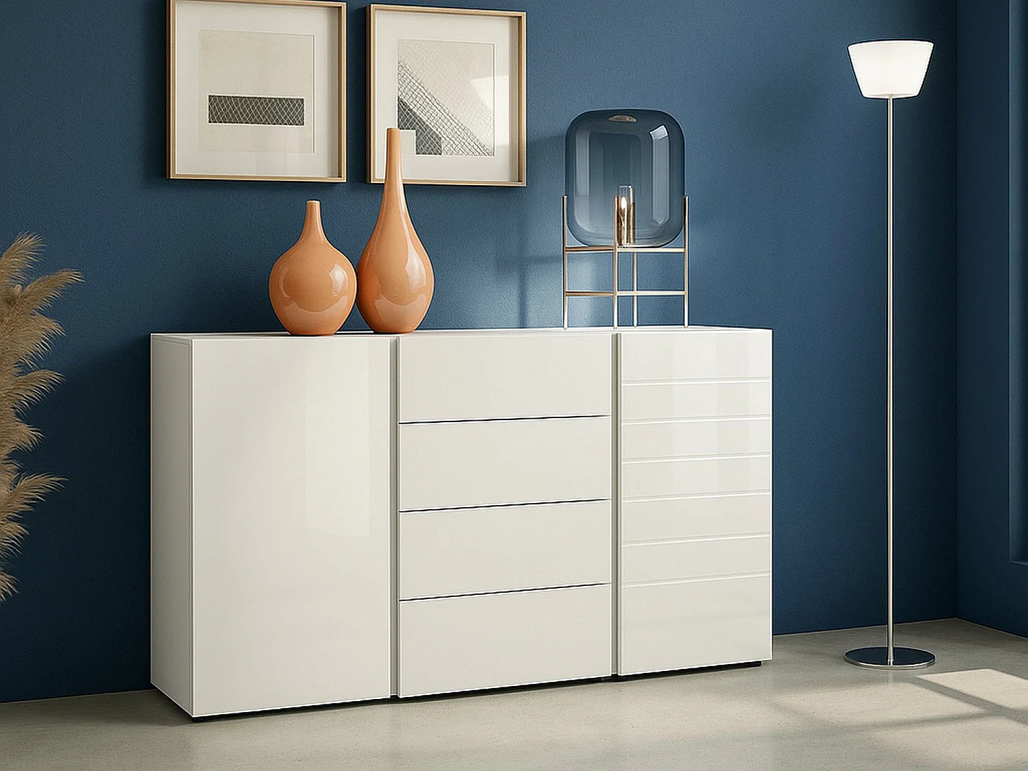 Buffet Libreville, Buffet du salon, Commode de salon, Garde-manger de cuisine, Made in Italy, 140x38h92 cm, Blanc brillant et anthracite