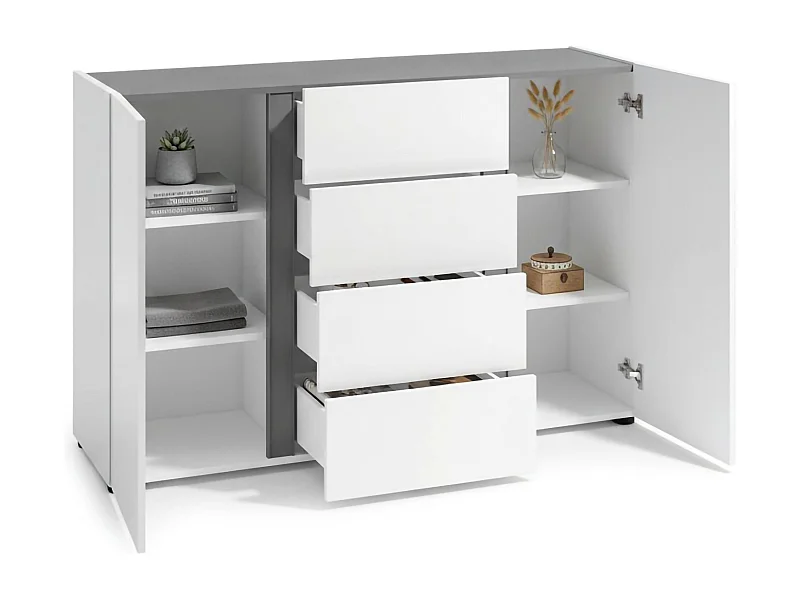 Kommode Dbjarkaso, Wohnzimmerbuffet, Wohnzimmer-Sideboard, Moderne Küchen-Speisekammer, Made in Italy, 140x38h92 cm, Glänzendes WeiÃŸ und Anthrazit