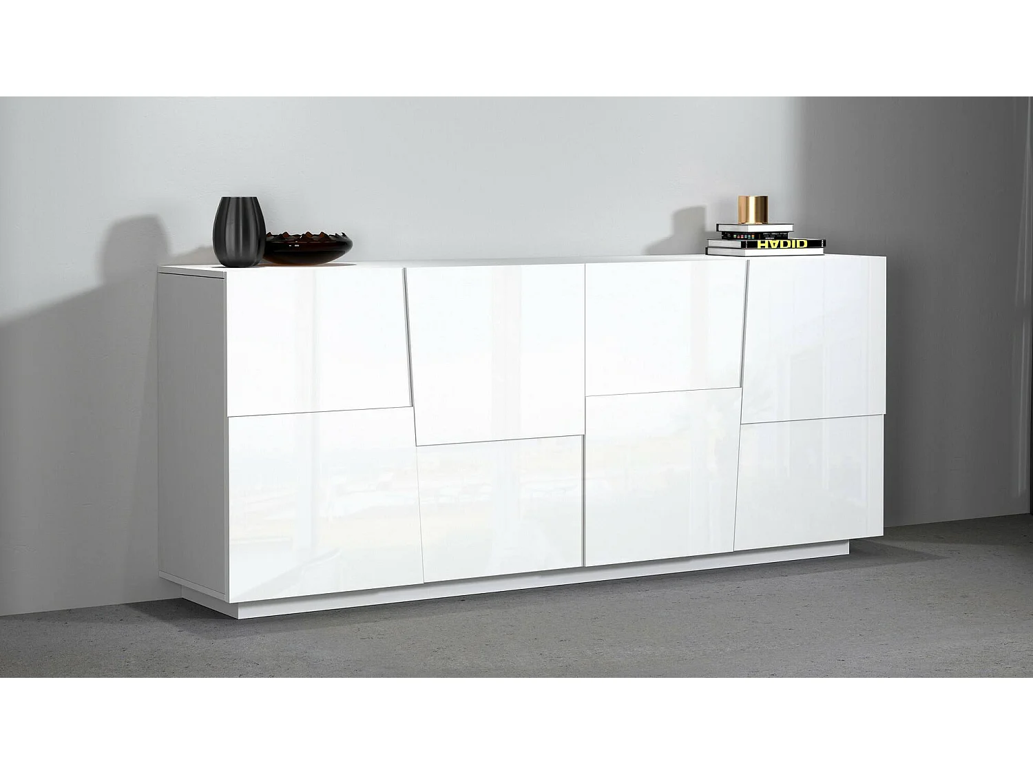 Buffet Yago, Buffet de salon, Buffet de salon moderne avec 4 portes, 200x44h86 cm, Blanc brillant