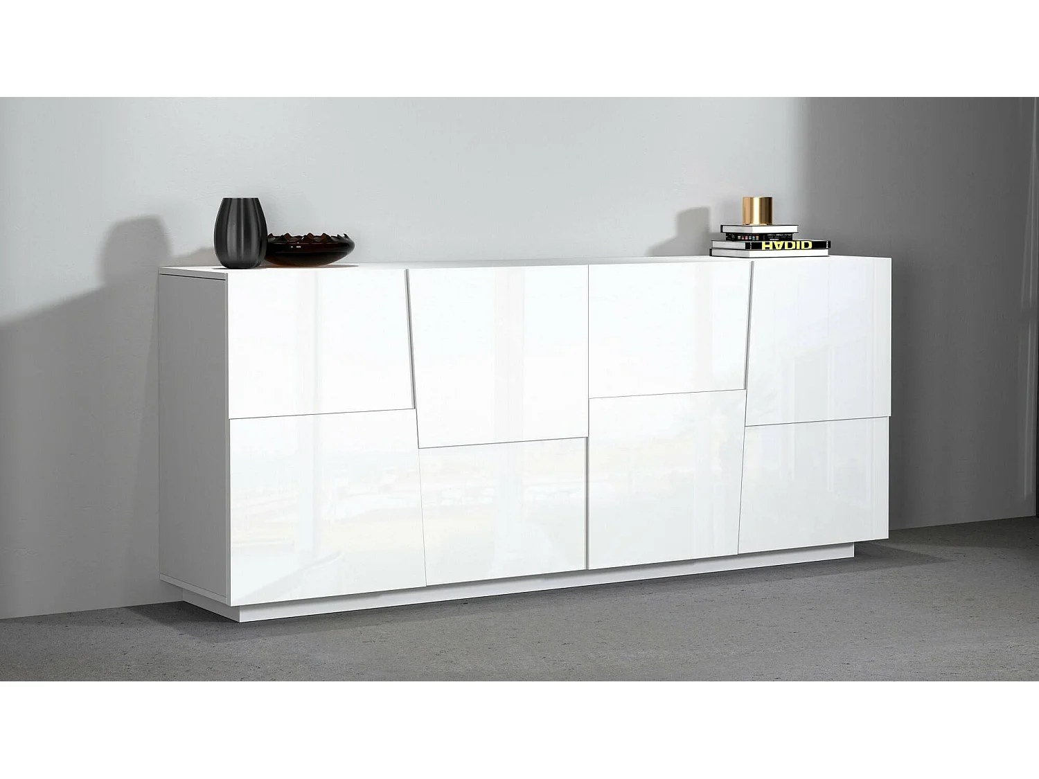 Buffet Yago, Buffet de salon, Buffet de salon moderne avec 4 portes, 200x44h86 cm, Blanc brillant