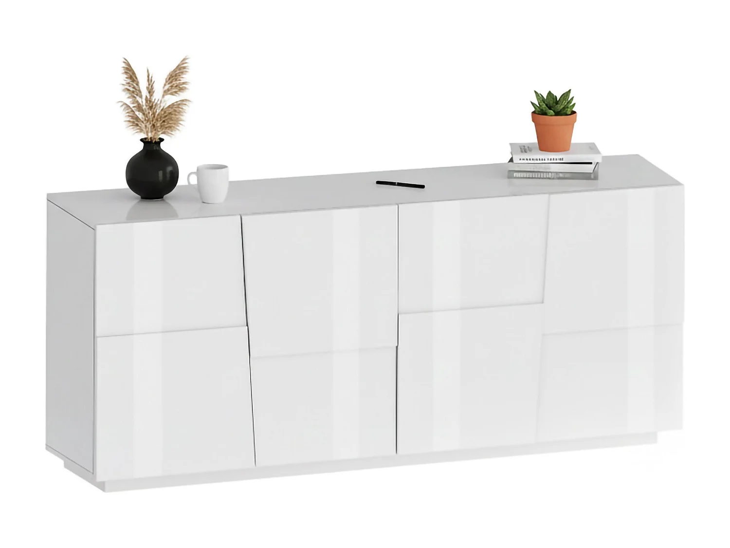 Buffet Yago, Buffet de salon, Buffet de salon moderne avec 4 portes, 200x44h86 cm, Blanc brillant