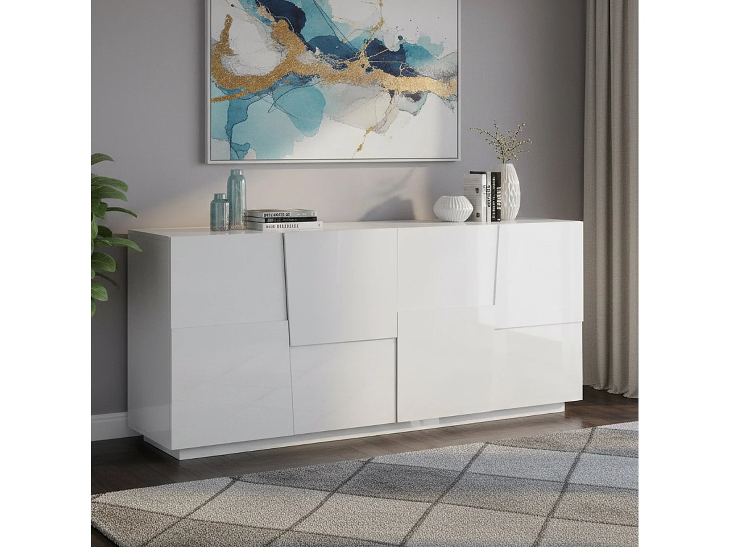 Buffet Yago, Buffet de salon, Buffet de salon moderne avec 4 portes, 200x44h86 cm, Blanc brillant