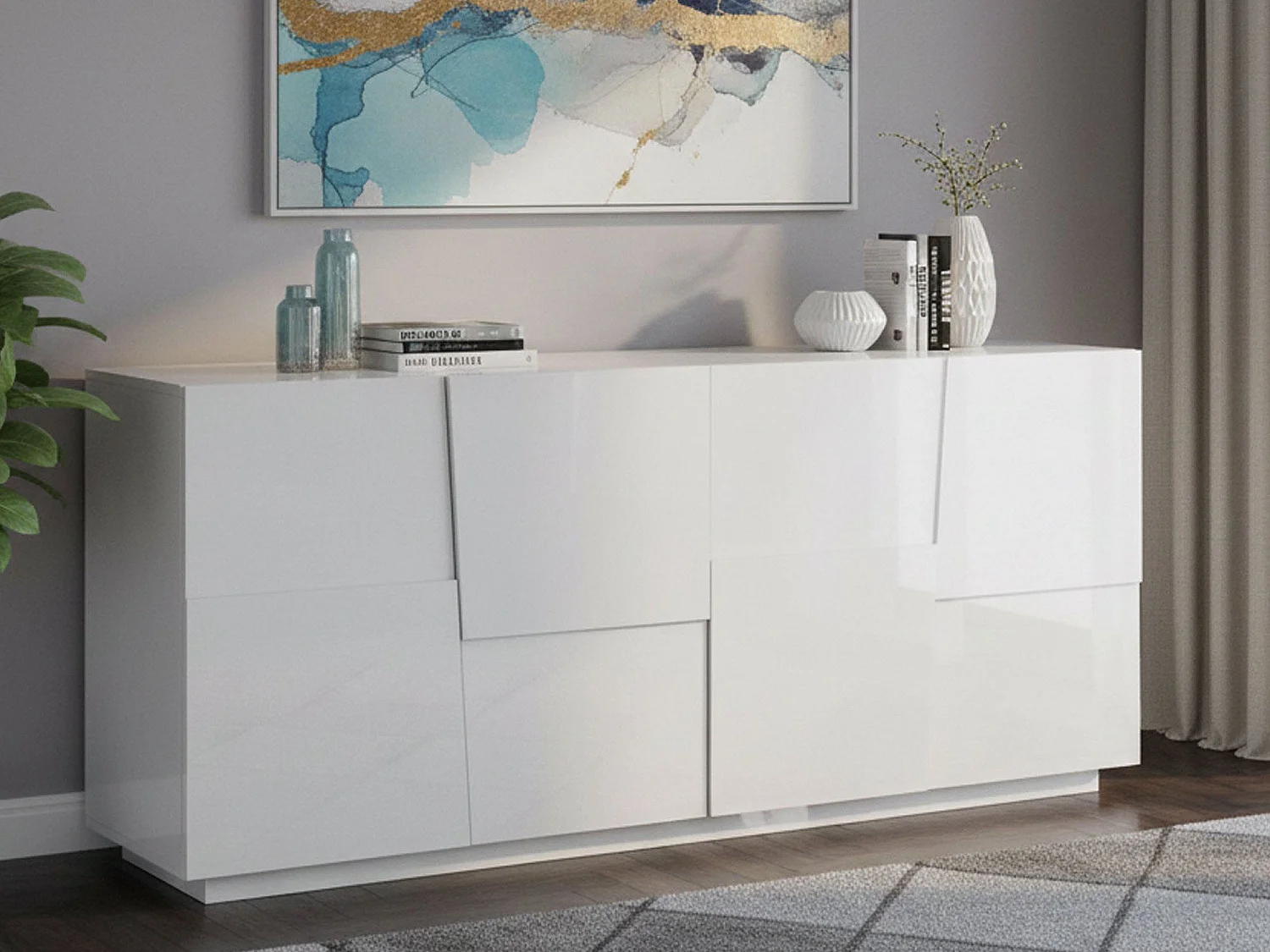 Buffet Yago, Buffet de salon, Buffet de salon moderne avec 4 portes, 200x44h86 cm, Blanc brillant