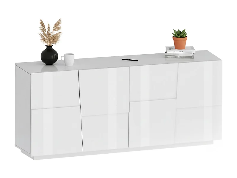 Buffet Yago, Buffet de salon, Buffet de salon moderne avec 4 portes, 200x44h86 cm, Blanc brillant